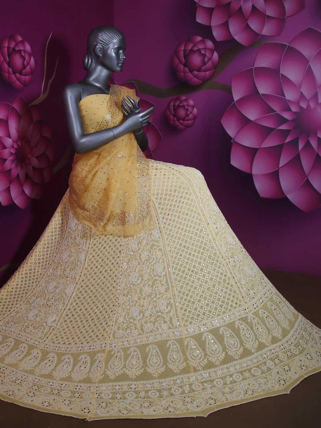 Ada Hand Embroidered Light Yellow Georgette Lucknowi Chikankari Lehenga Set With Mukaish Work 01A149897