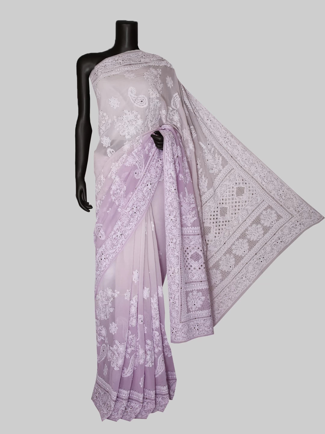 Ada Hand Embroidered Ombre Shade Of Lilac Pure Georgette Lucknowi Chikankari Saree/Blouse With Mukaish Work 01A398207