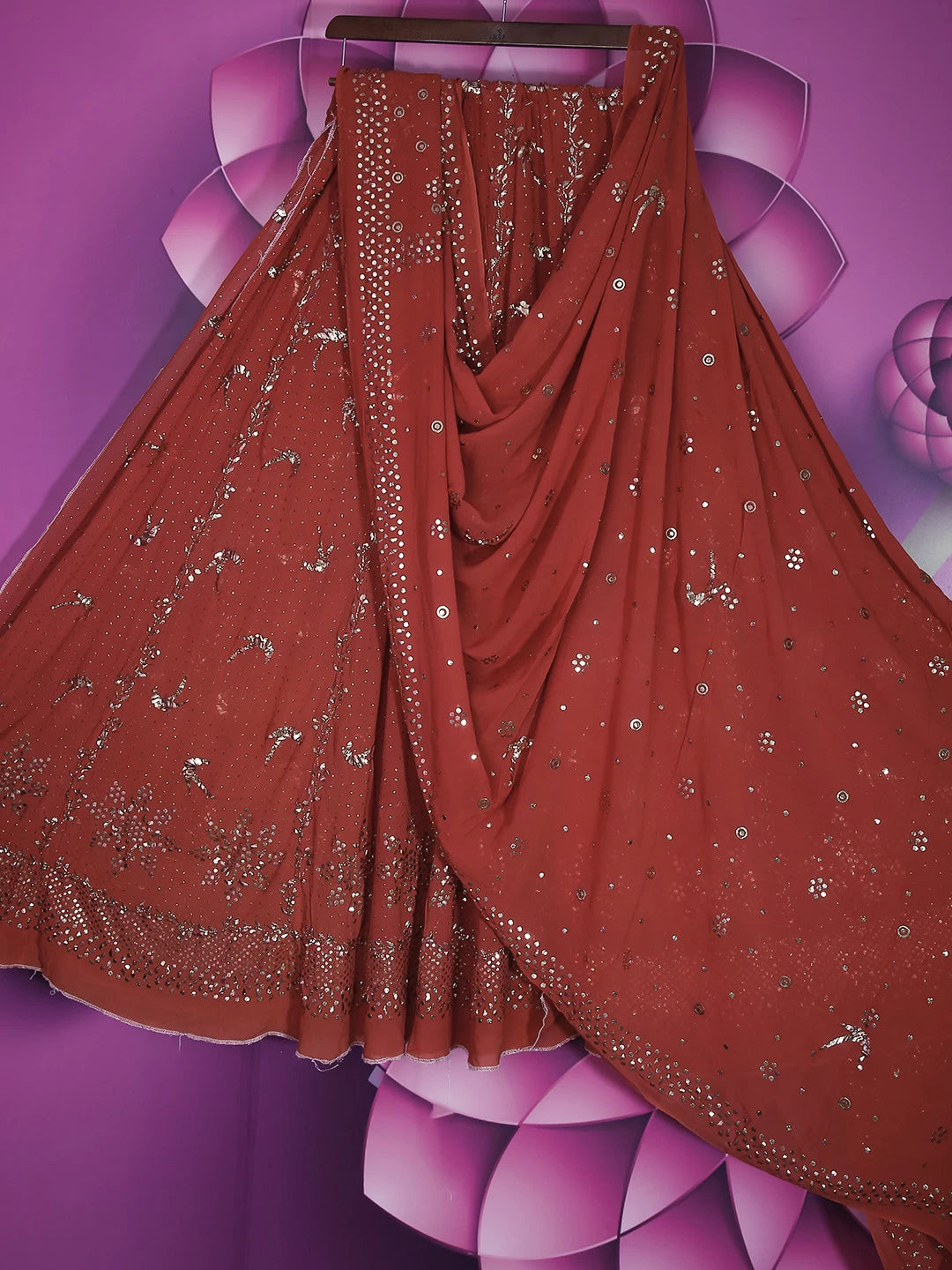Ada Hand Embroidered Rust Pure Georgette Muqaish Work Lucknowi Lehenga Set A616403