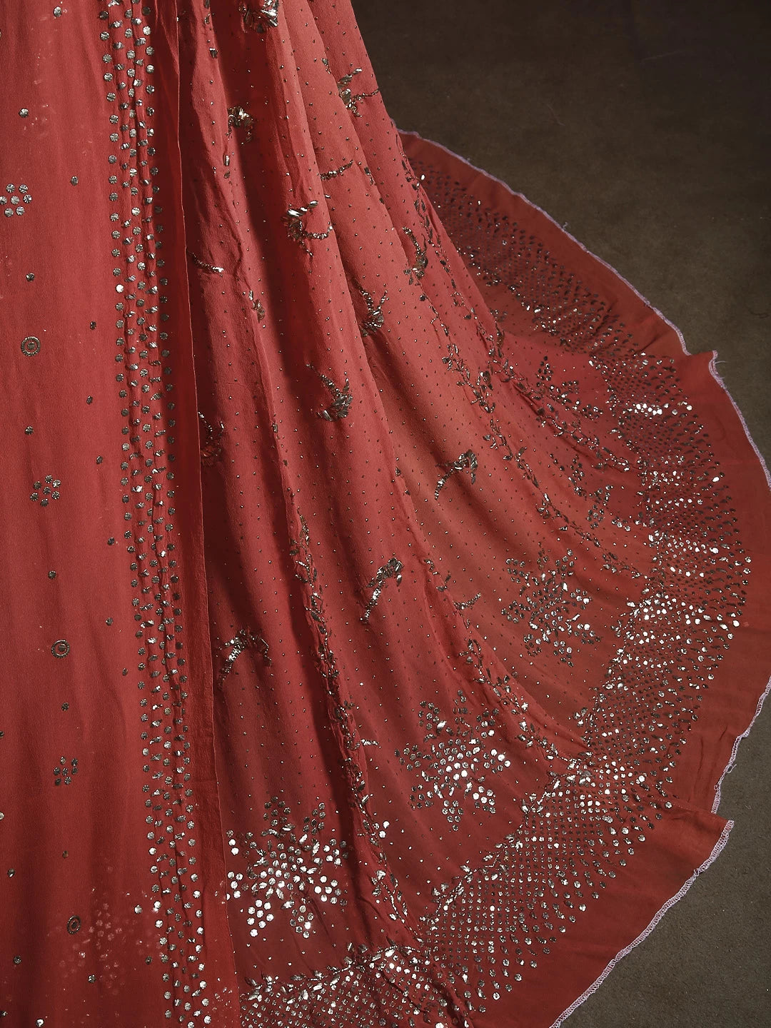 Ada Hand Embroidered Rust Pure Georgette Muqaish Work Lucknowi Lehenga Set A616403