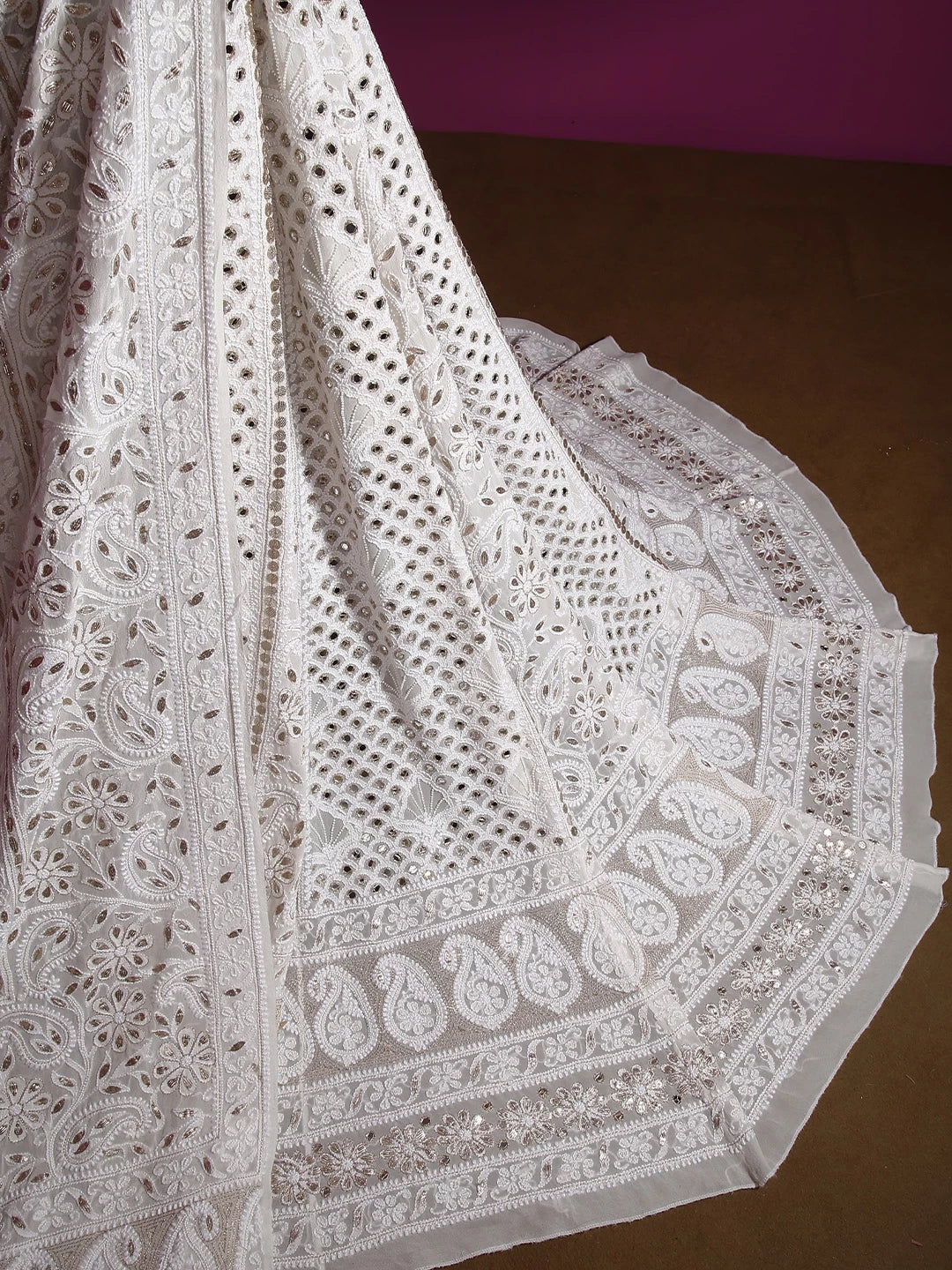 Ada Hand Embroidered White Pure Georgette Lucknowi Chikankari Lehenga Set With Gota Patti Work 01A215987