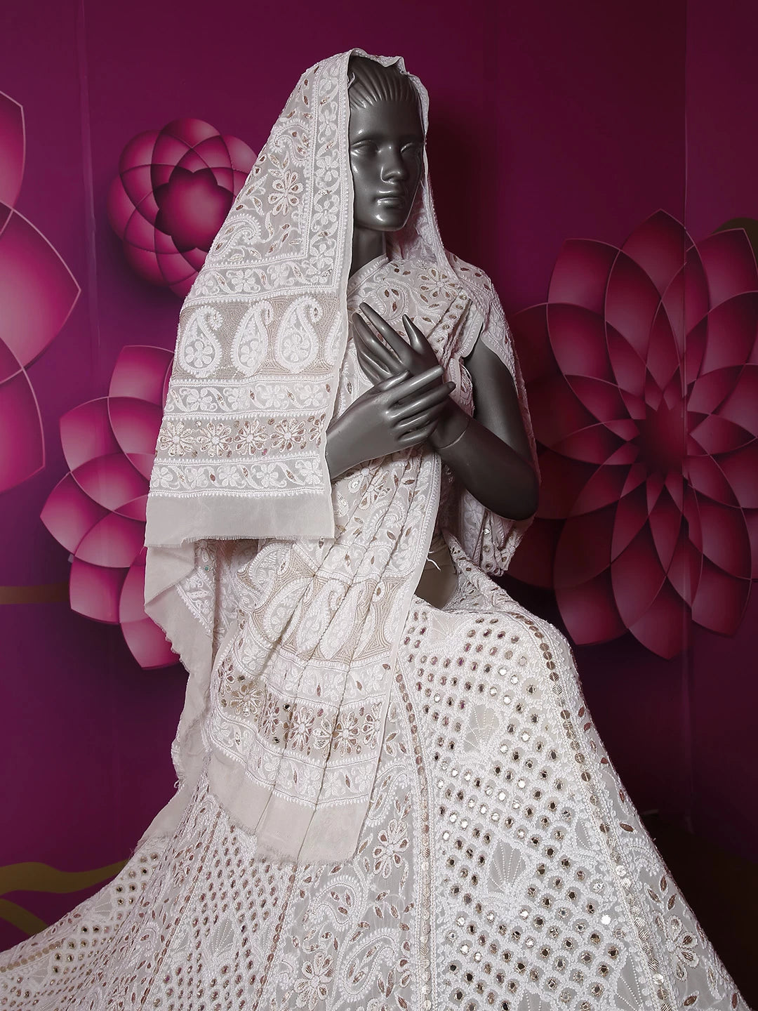 Ada Hand Embroidered White Pure Georgette Lucknowi Chikankari Lehenga Set With Gota Patti Work 01A215987