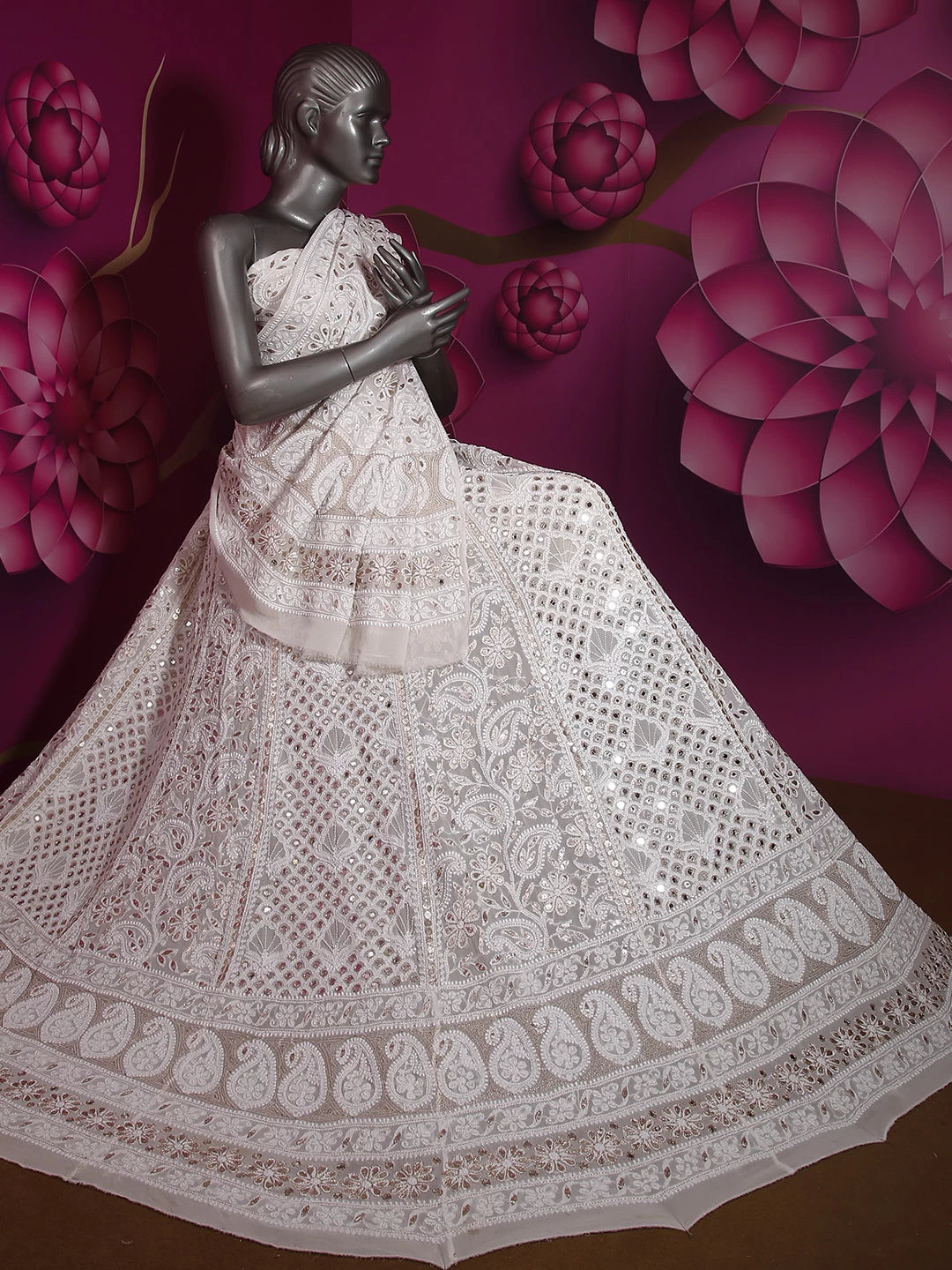 Ada Hand Embroidered White Pure Georgette Lucknowi Chikankari Lehenga Set With Gota Patti Work 01A215987