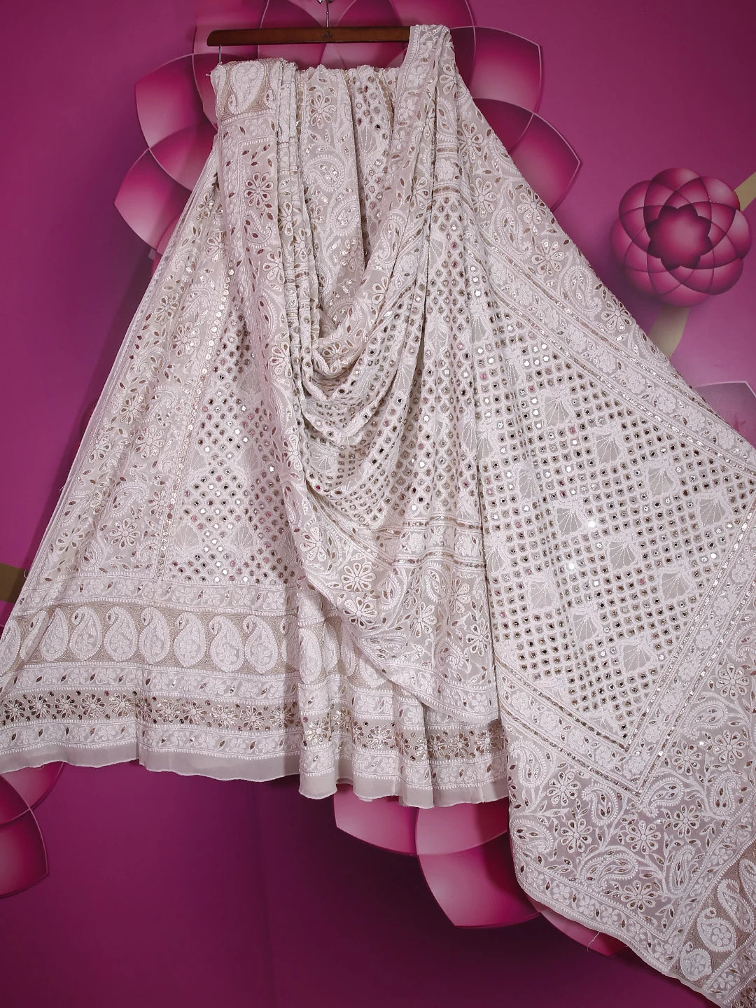 Ada Hand Embroidered White Pure Georgette Lucknowi Chikankari Lehenga Set With Gota Patti Work 01A215987