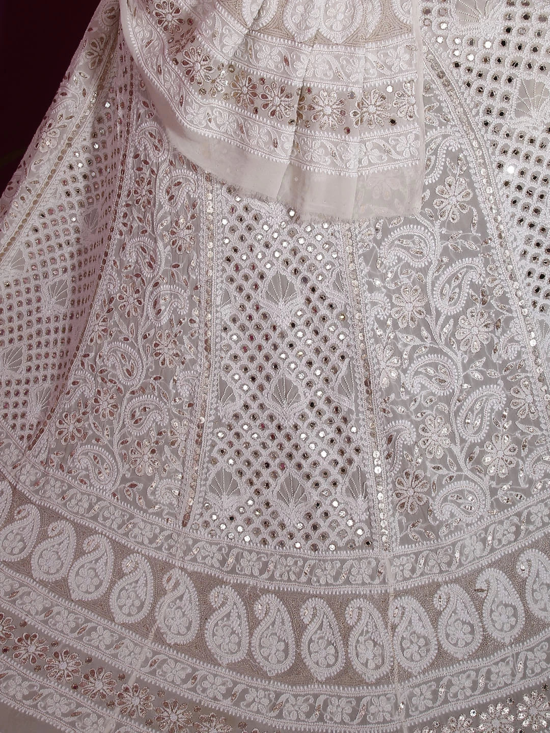 Ada Hand Embroidered White Pure Georgette Lucknowi Chikankari Lehenga Set With Gota Patti Work 01A215987