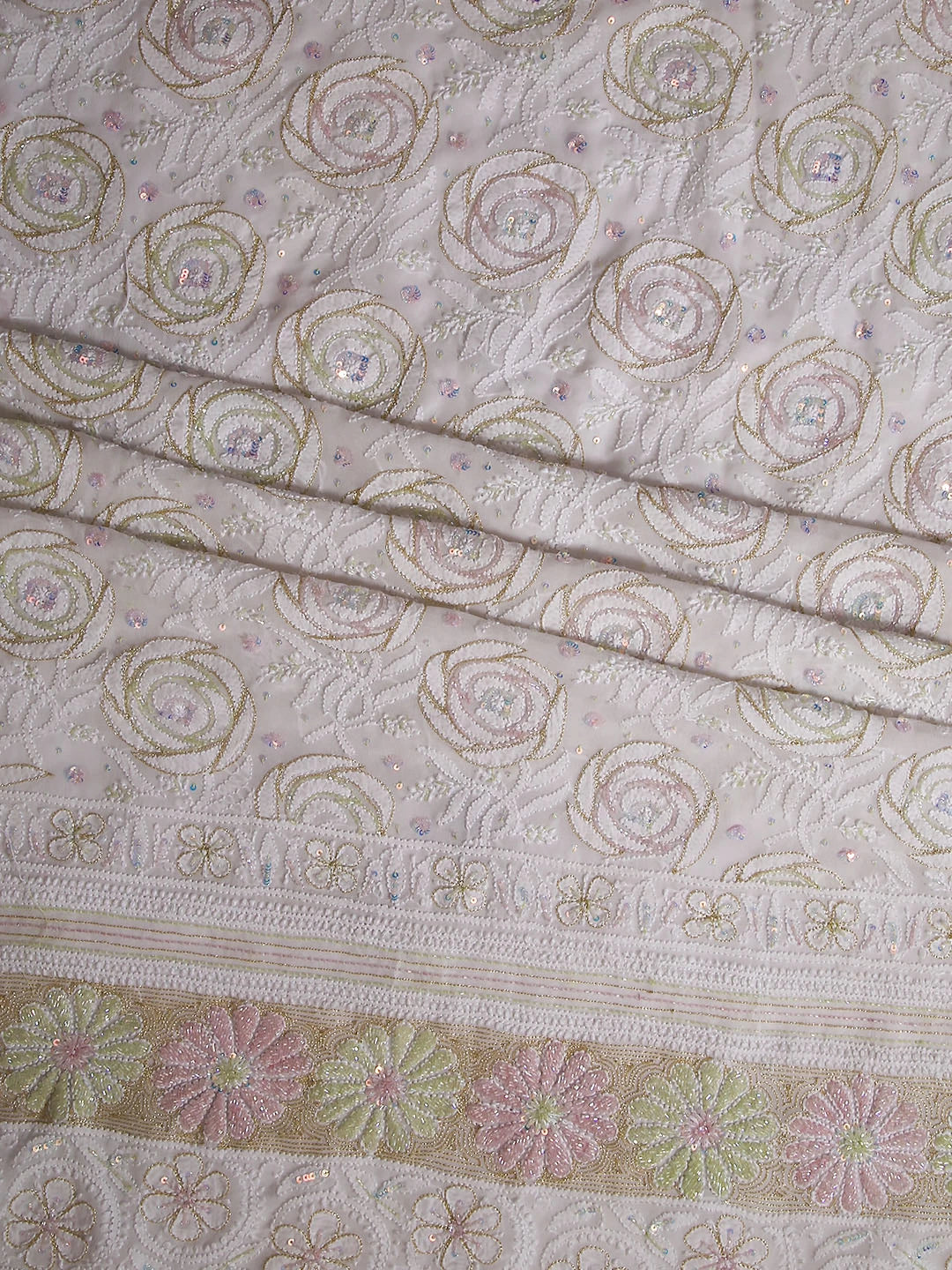Ada Hand Embroidered White Pure Georgette Lucknowi Chikankari Unstitched Kurta Dupatta Set With Cutdana Work 01A421868