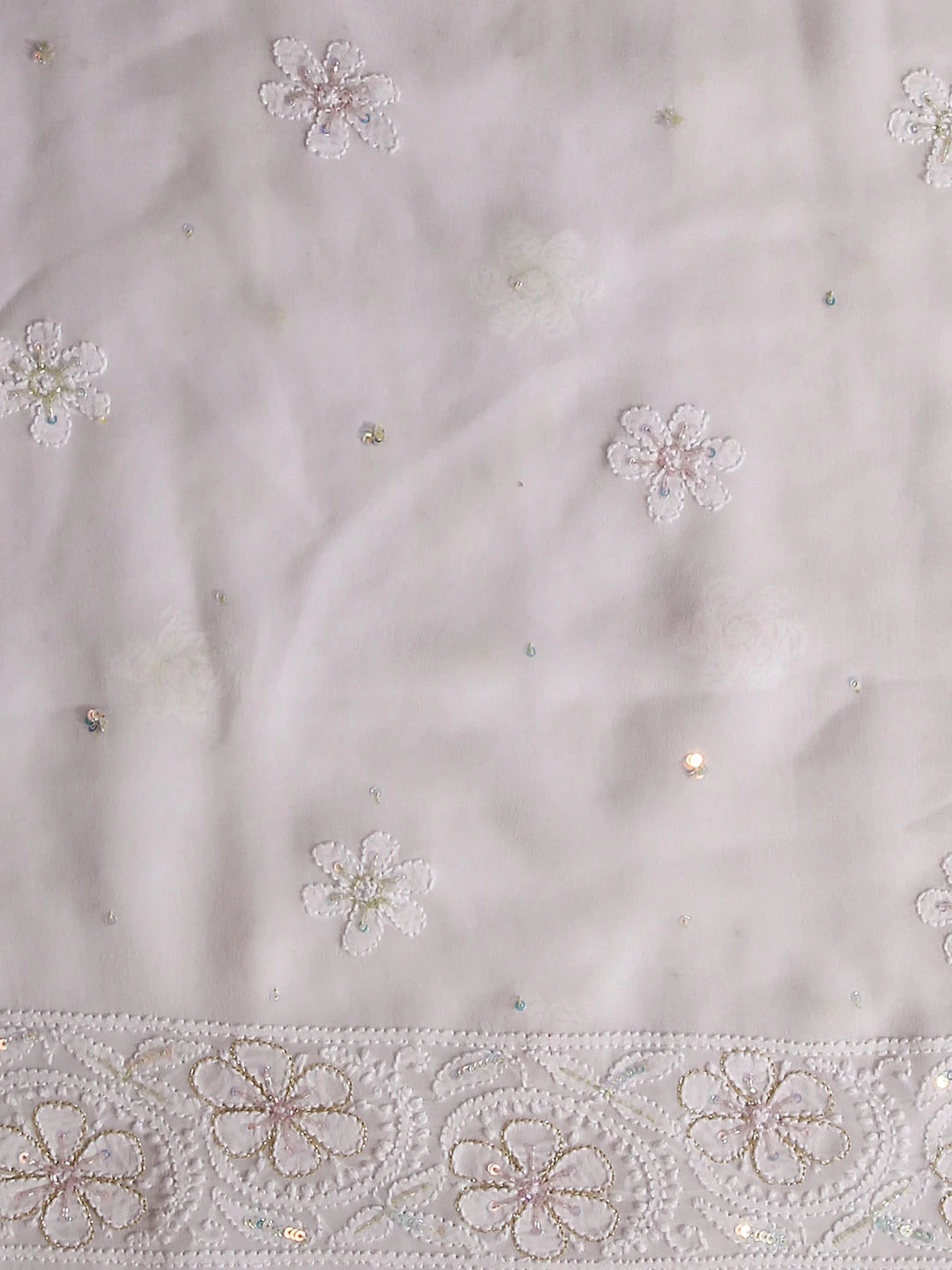Ada Hand Embroidered White Pure Georgette Lucknowi Chikankari Unstitched Kurta Dupatta Set With Cutdana Work 01A421868