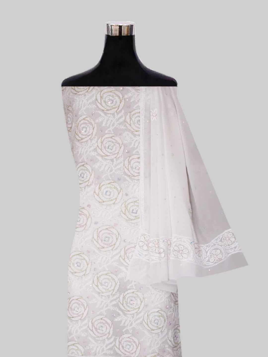 Ada Hand Embroidered White Pure Georgette Lucknowi Chikankari Unstitched Kurta Dupatta Set With Cutdana Work 01A421868