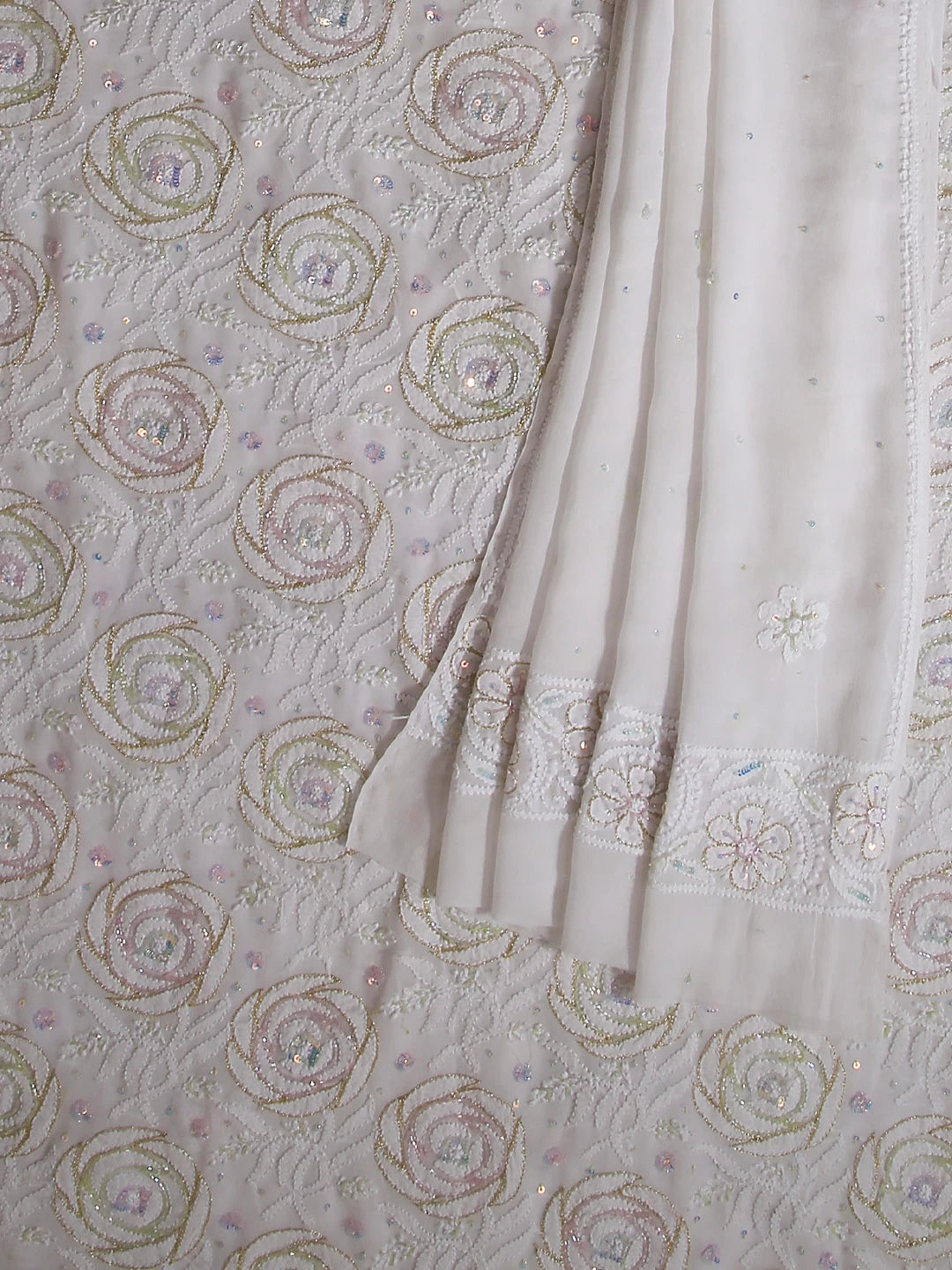 Ada Hand Embroidered White Pure Georgette Lucknowi Chikankari Unstitched Kurta Dupatta Set With Cutdana Work 01A421868