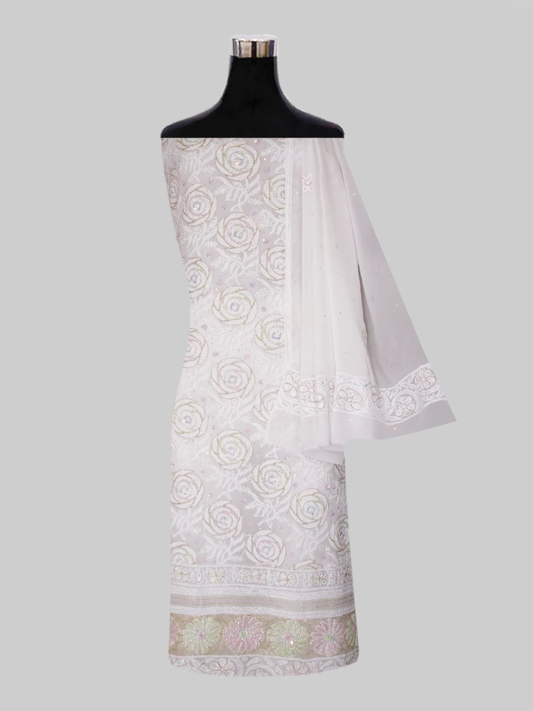 Ada Hand Embroidered White Pure Georgette Lucknowi Chikankari Unstitched Kurta Dupatta Set With Cutdana Work 01A421868