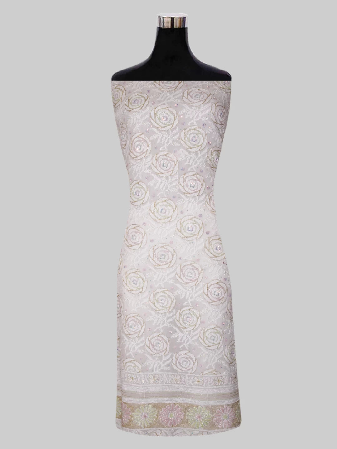 Ada Hand Embroidered White Pure Georgette Lucknowi Chikankari Unstitched Kurta Dupatta Set With Cutdana Work 01A421868