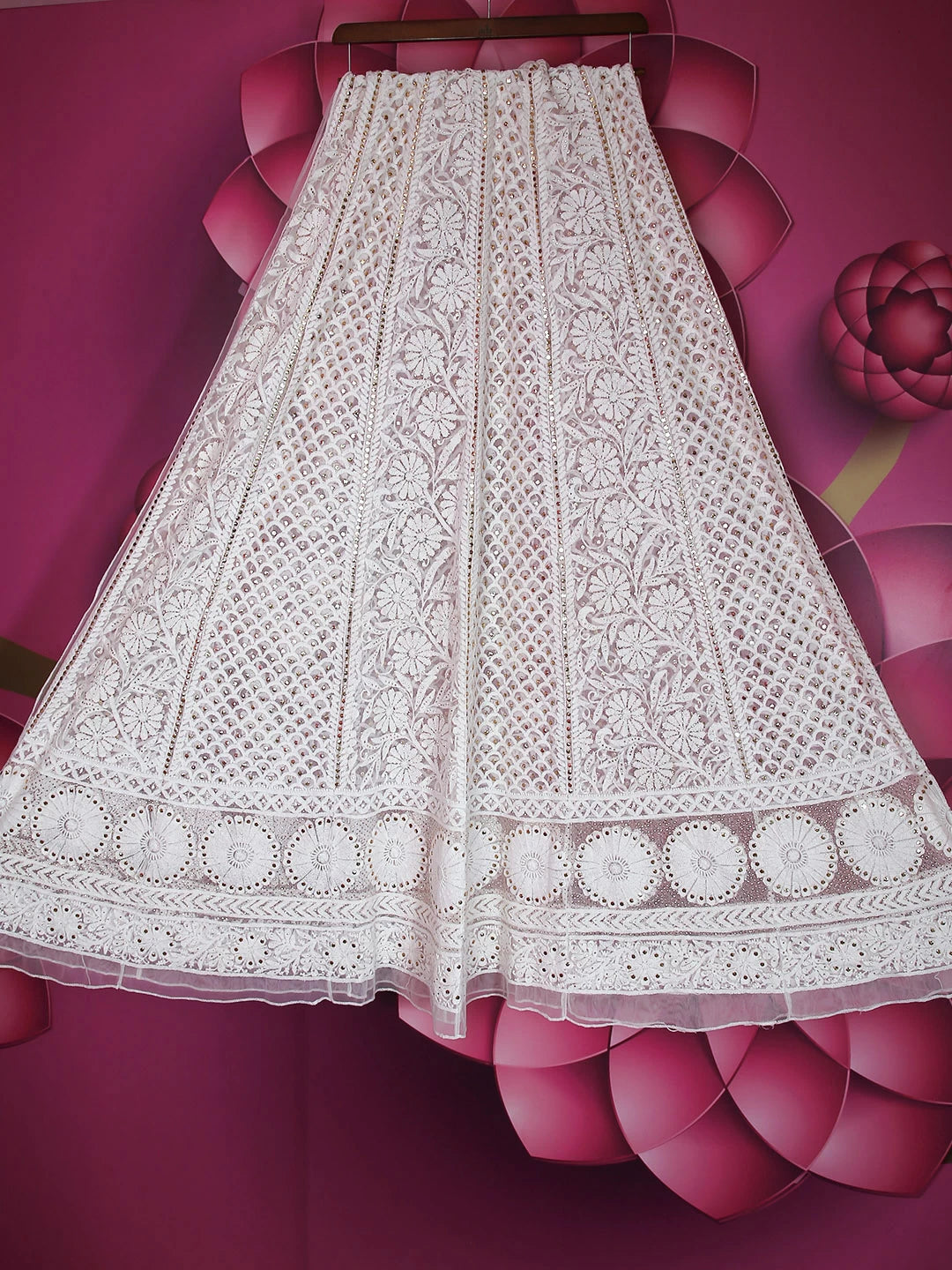 Ada Hand Embroidered White Net Lucknowi Chikankari Lehenga Skirt With Mukaish Work 01A394035