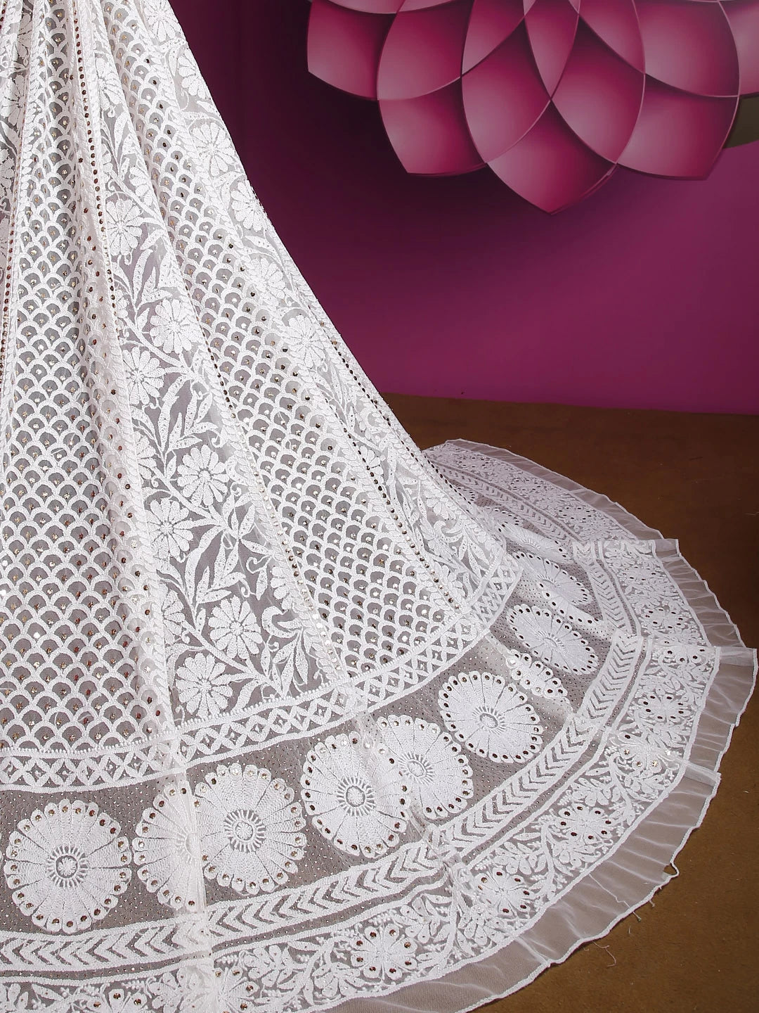 Ada Hand Embroidered White Net Lucknowi Chikankari Lehenga Skirt With Mukaish Work 01A394035