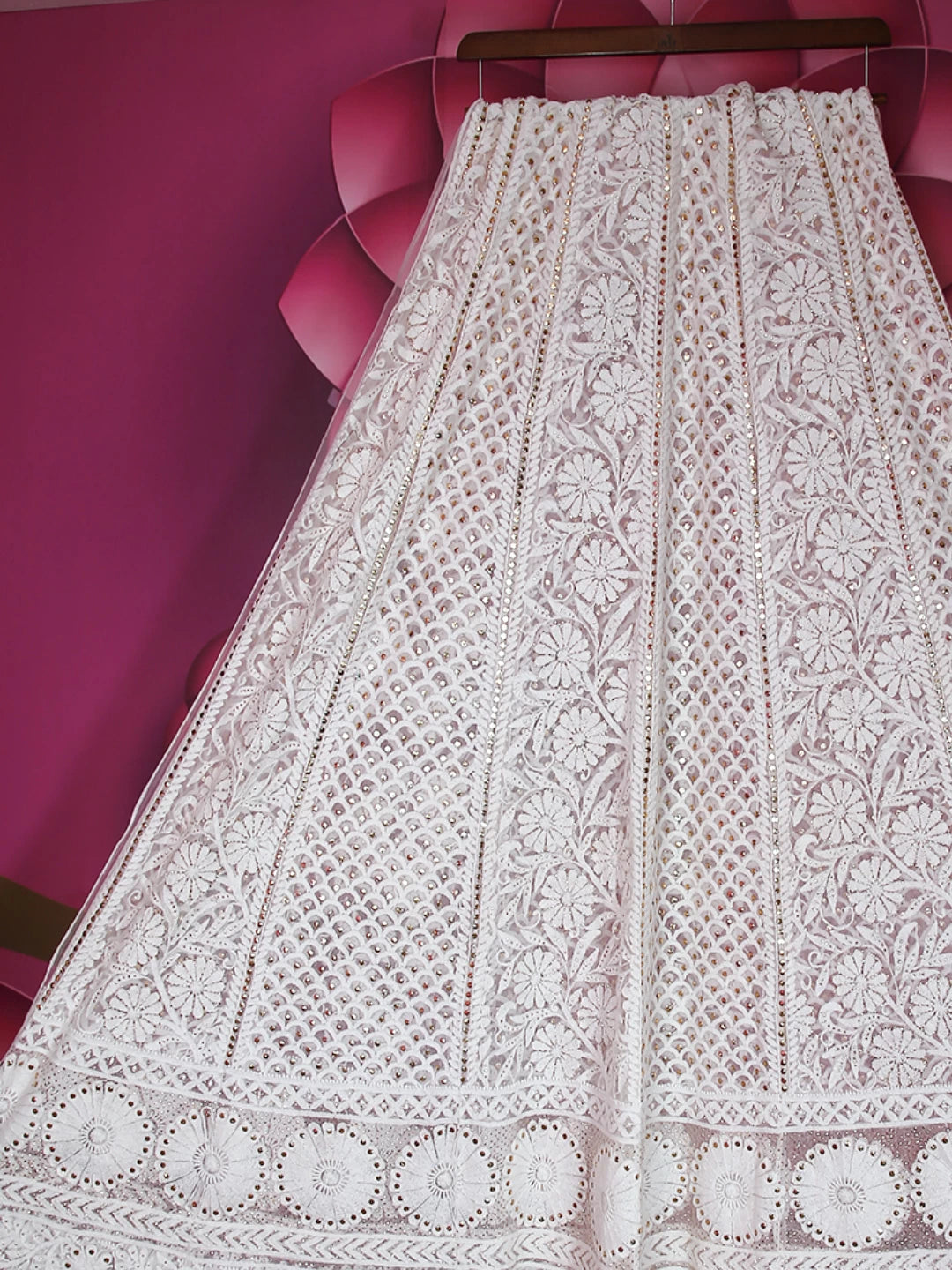 Ada Hand Embroidered White Net Lucknowi Chikankari Lehenga Skirt With Mukaish Work 01A394035