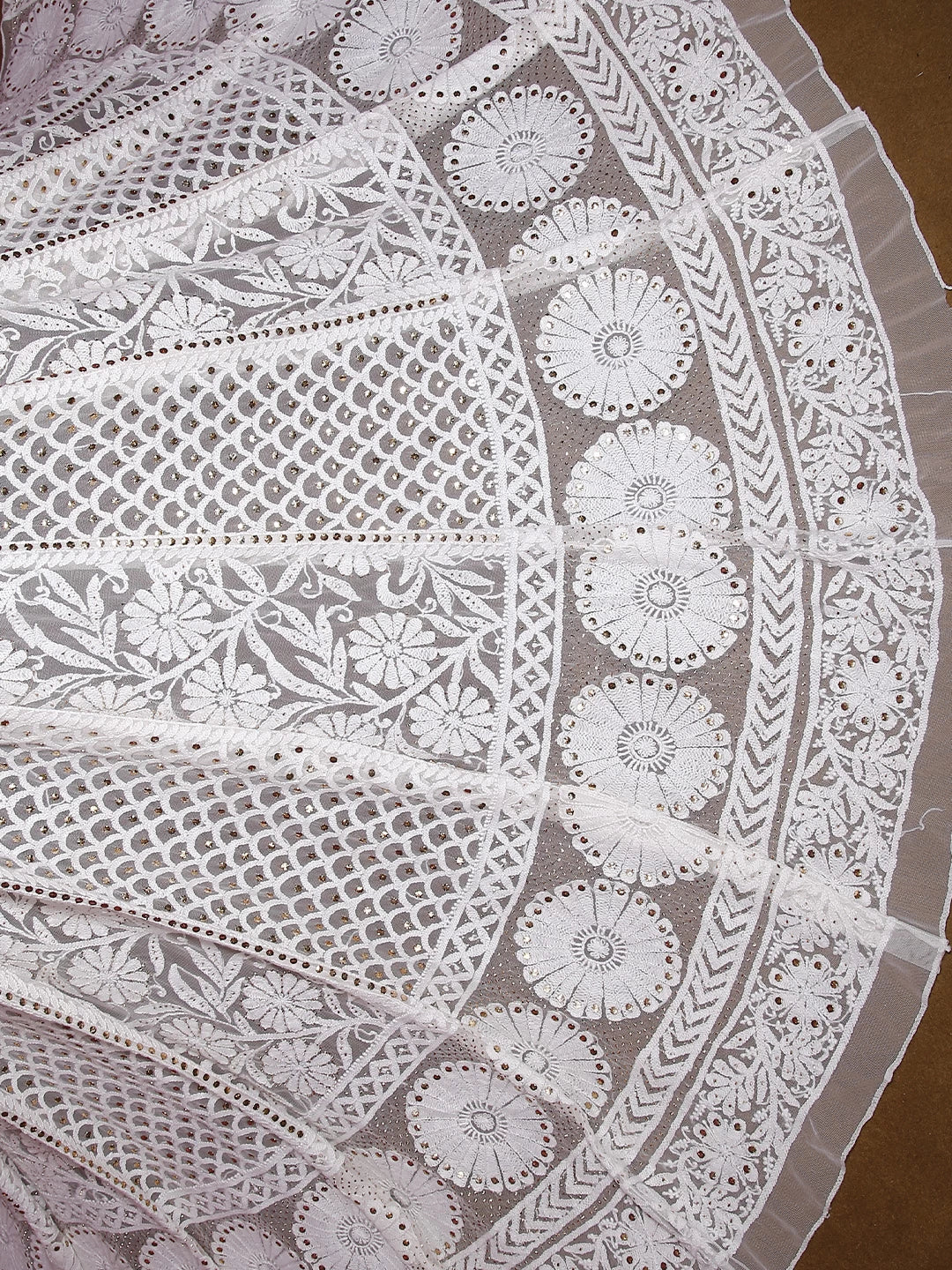 Ada Hand Embroidered White Net Lucknowi Chikankari Lehenga Skirt With Mukaish Work 01A394035