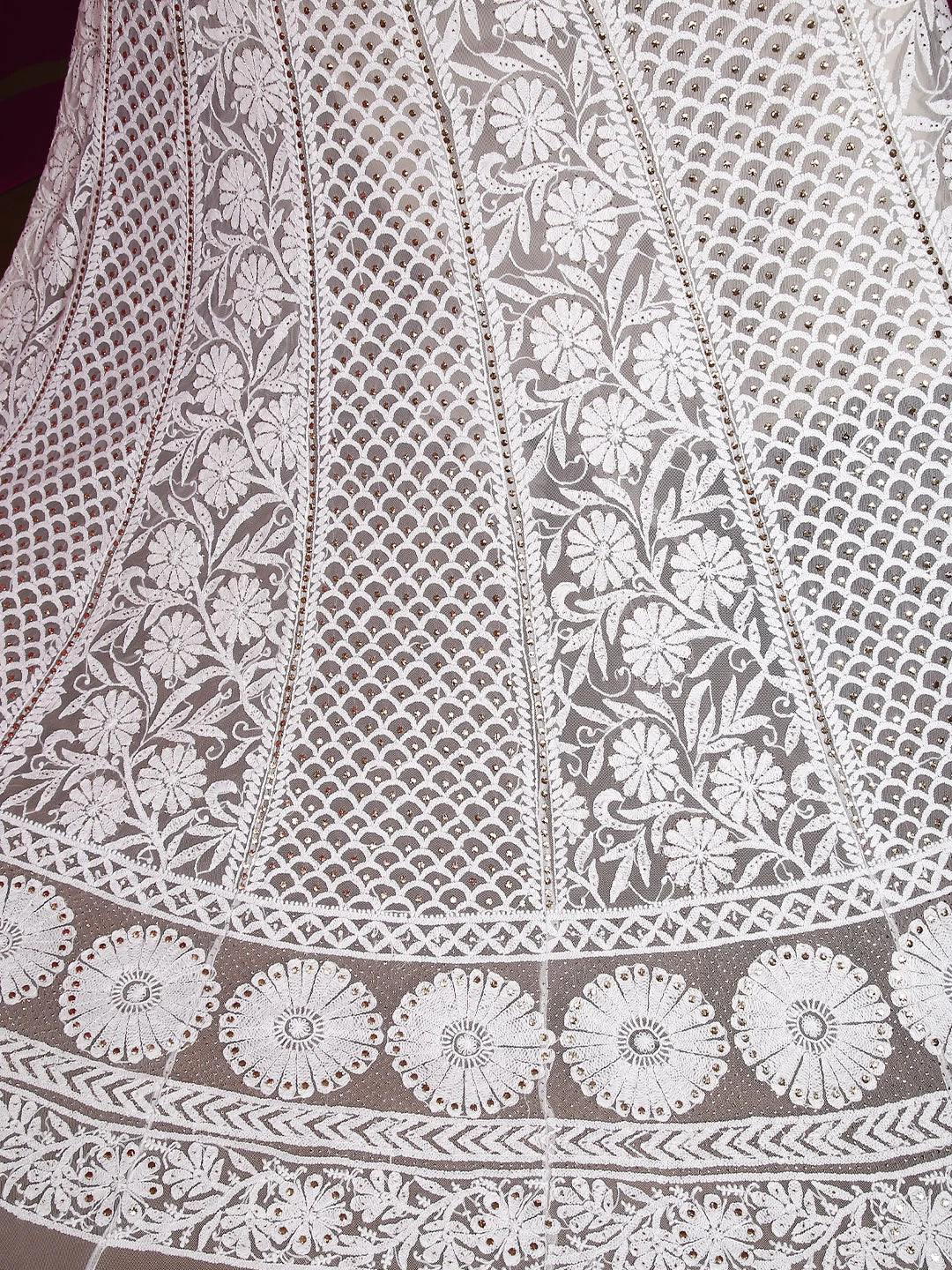Ada Hand Embroidered White Net Lucknowi Chikankari Lehenga Skirt With Mukaish Work 01A394035