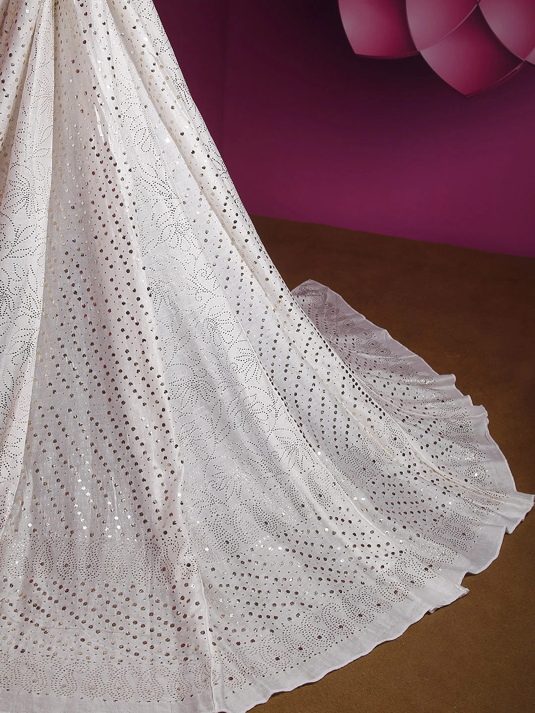 Ada Hand Embroidered White Chanderi Lucknowi Muqaish Work Lehenga Skirt 01A162497