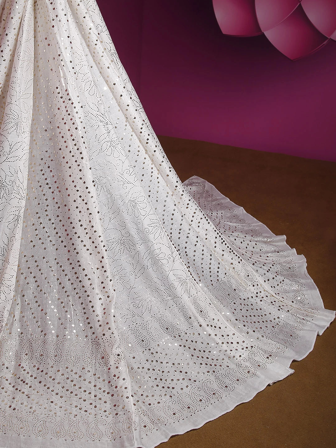 Ada Hand Embroidered White Chanderi Lucknowi Muqaish Work Lehenga Skirt 01A162497