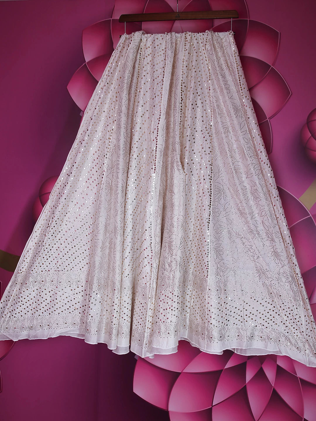 Ada Hand Embroidered White Chanderi Lucknowi Muqaish Work Lehenga Skirt 01A162497