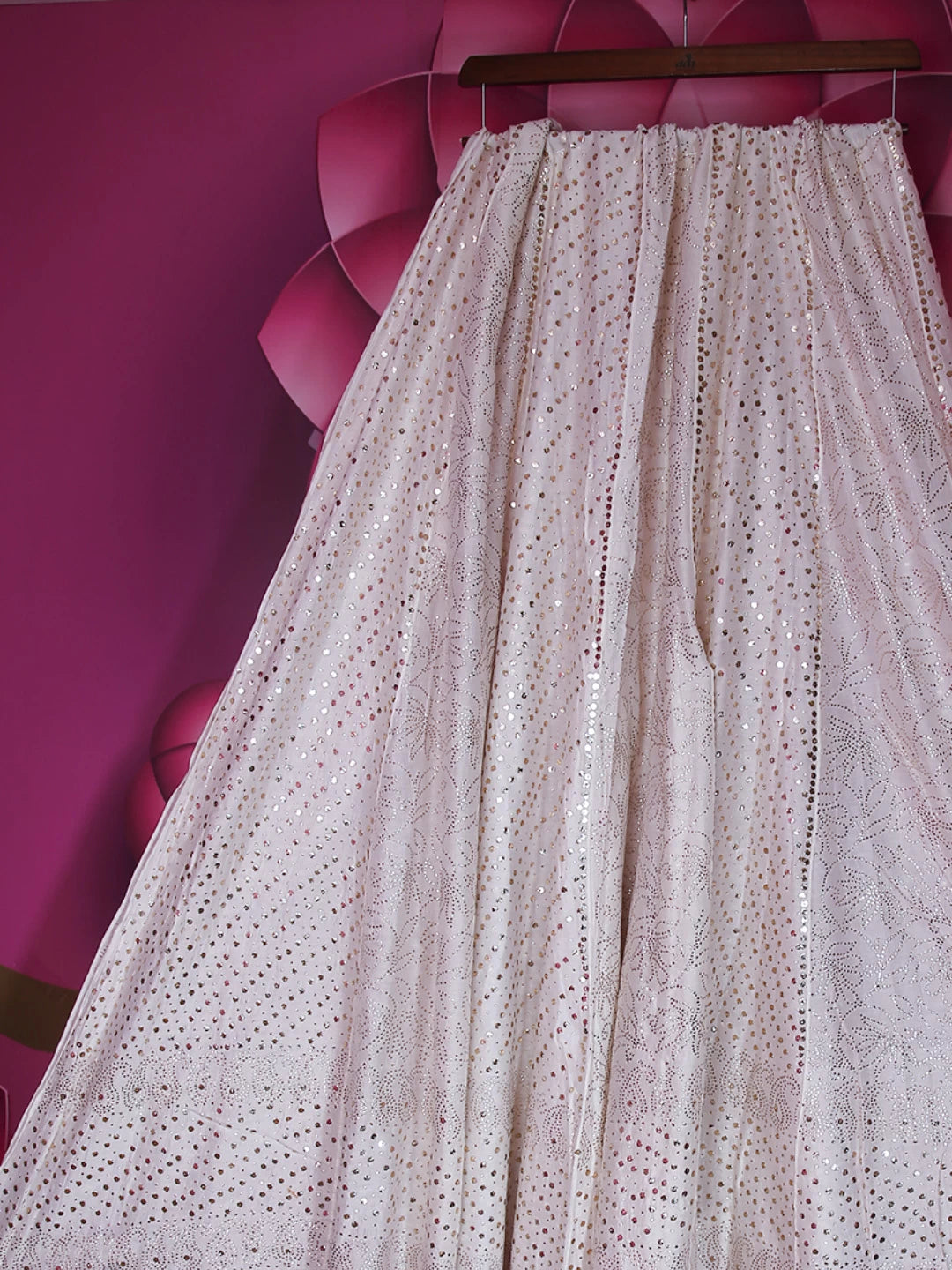Ada Hand Embroidered White Chanderi Lucknowi Muqaish Work Lehenga Skirt 01A162497