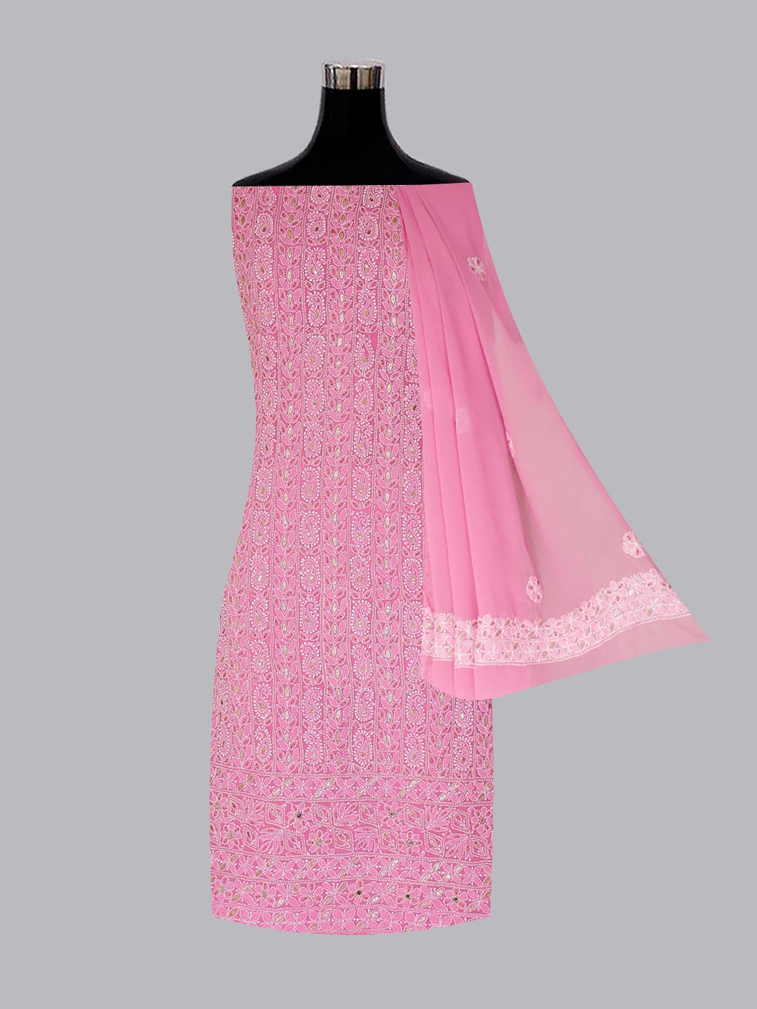 Ada Hand Embroidered Light Pink Georgette Lucknowi Chikankari Unstitched Suit Piece With Gotapatti 01A385424