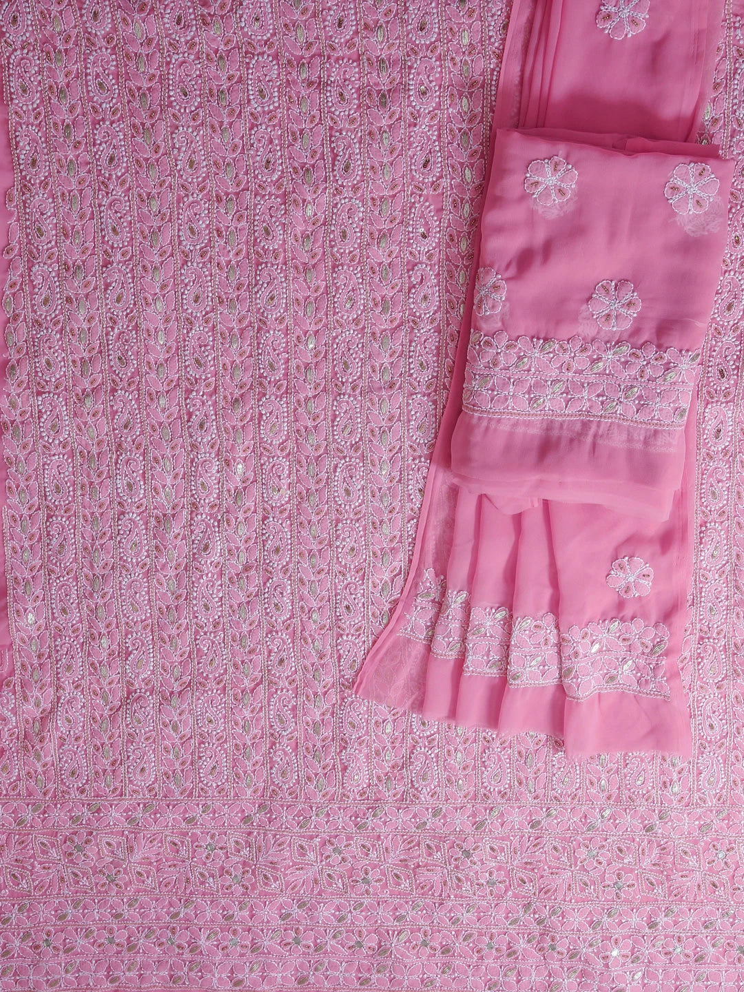 Ada Hand Embroidered Light Pink Georgette Lucknowi Chikankari Unstitched Suit Piece With Gotapatti 01A385424