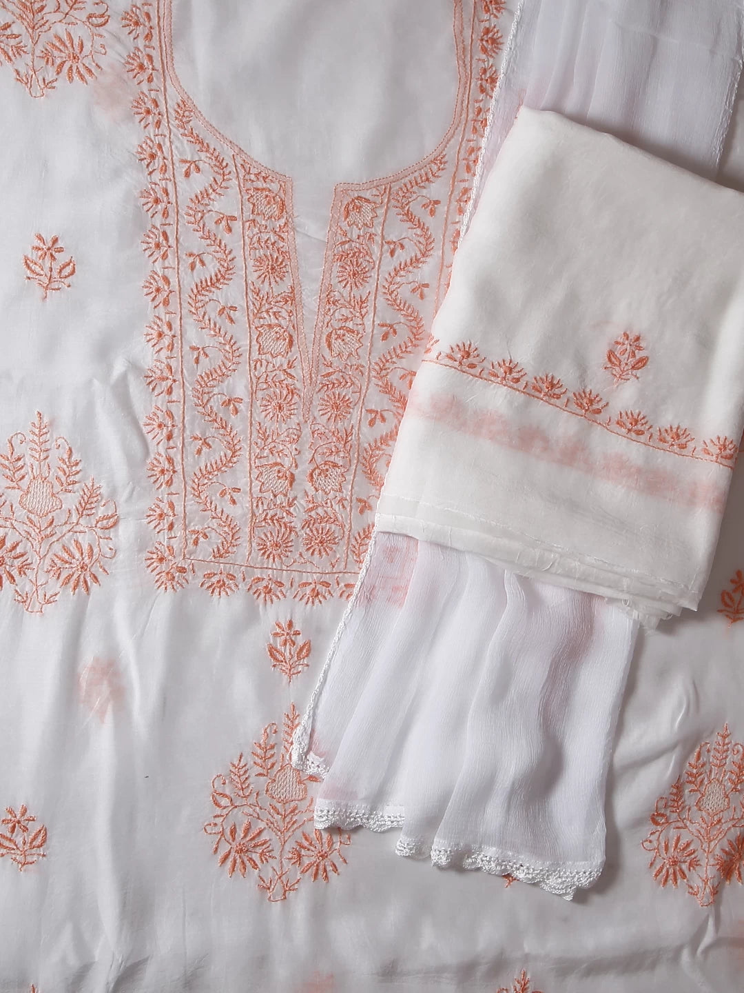 Ada Hand Embroidered White Muslin Lucknowi Chikankari Unstitched Suit Piece 01A435424