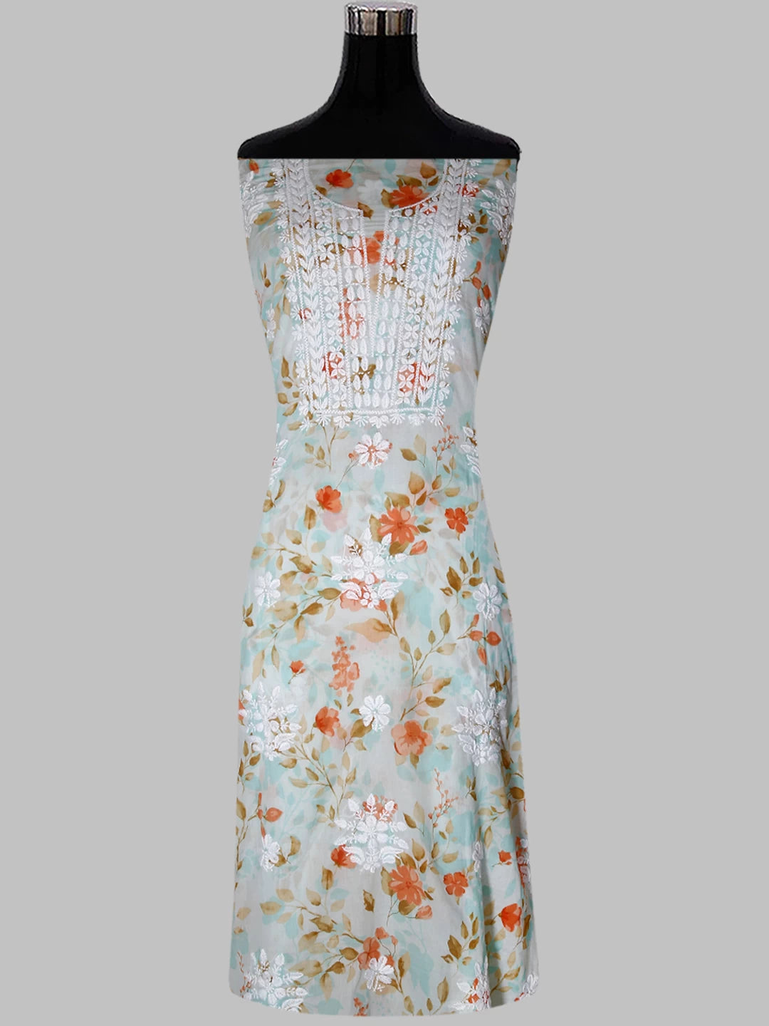 Ada Hand Embroidered Sea Green Floral Print Cotton Blend Lucknowi Chikankari Unstitched Kurta Dupatta Set 01A444637