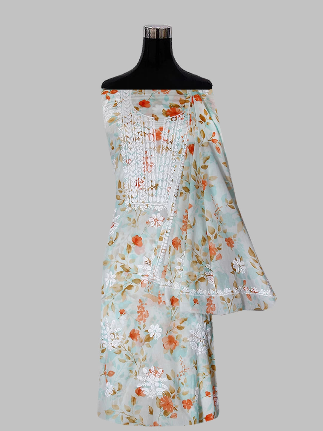 Ada Hand Embroidered Sea Green Floral Print Cotton Blend Lucknowi Chikankari Unstitched Kurta Dupatta Set 01A444637