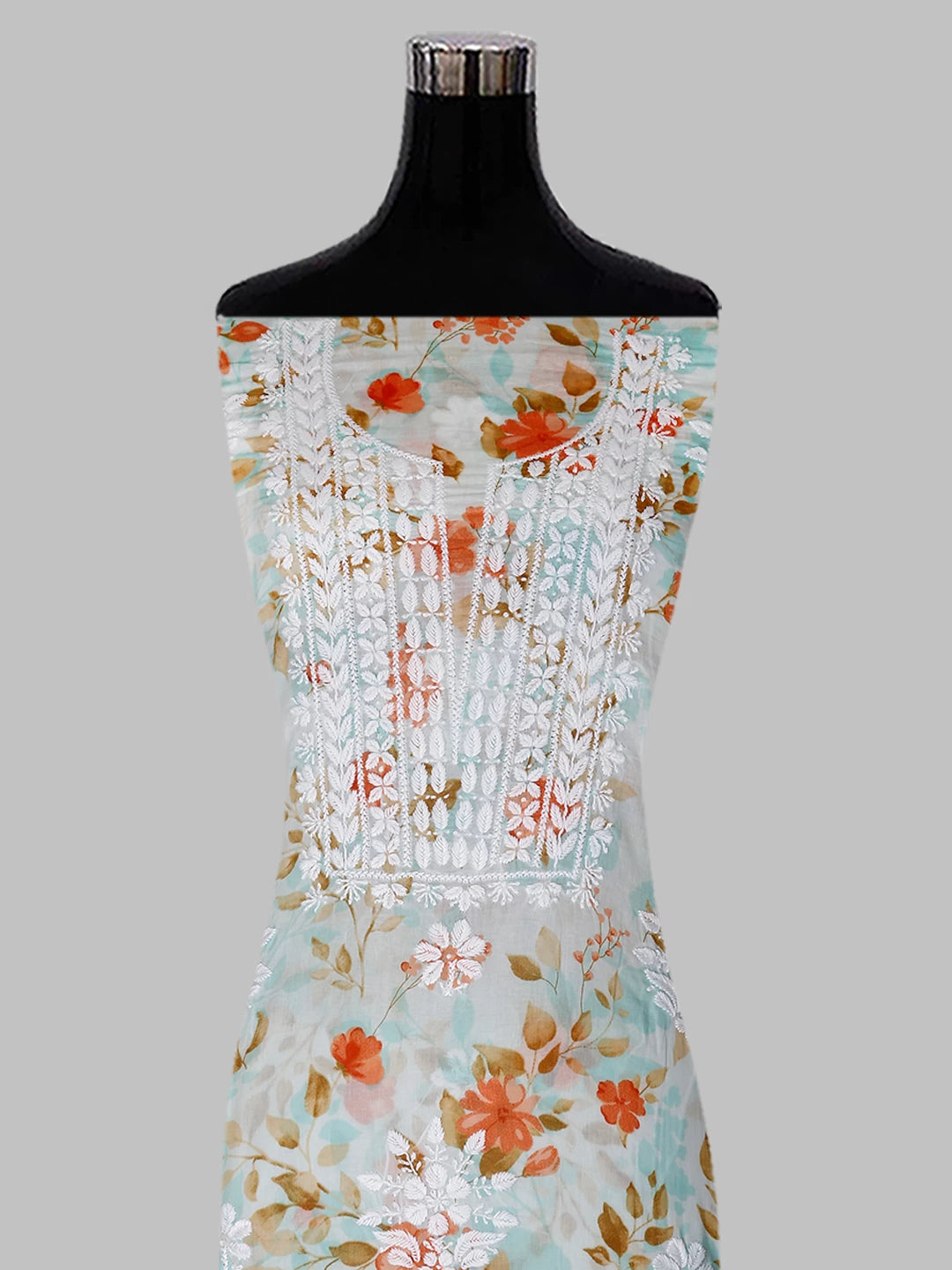 Ada Hand Embroidered Sea Green Floral Print Cotton Blend Lucknowi Chikankari Unstitched Kurta Dupatta Set 01A444637