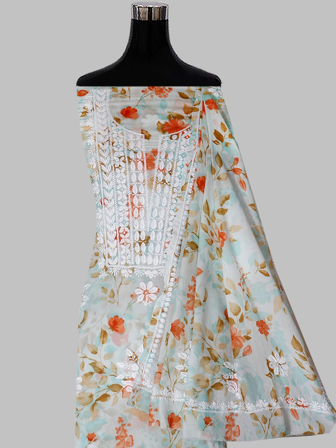Ada Hand Embroidered Sea Green Floral Print Cotton Blend Lucknowi Chikankari Unstitched Kurta Dupatta Set 01A444637