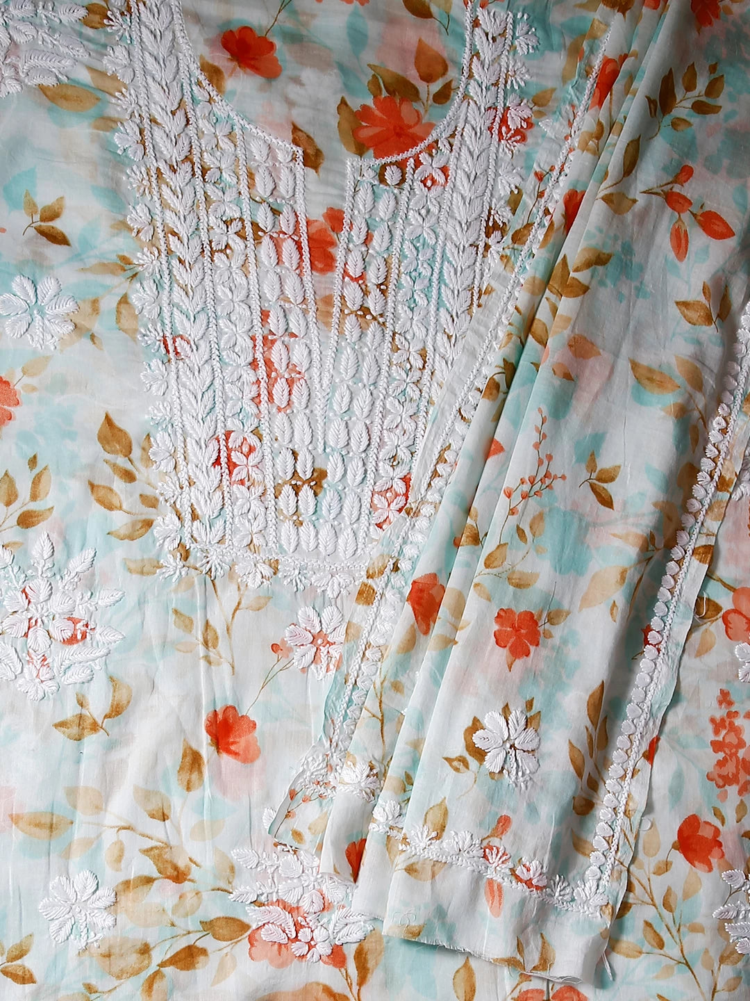 Ada Hand Embroidered Sea Green Floral Print Cotton Blend Lucknowi Chikankari Unstitched Kurta Dupatta Set 01A444637