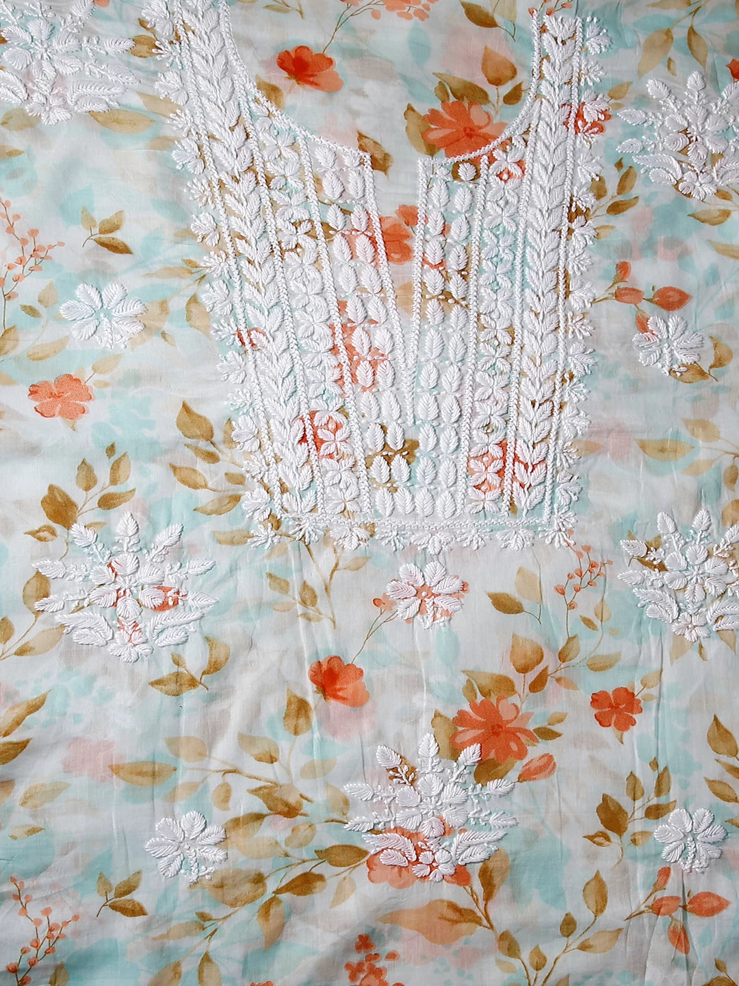 Ada Hand Embroidered Sea Green Floral Print Cotton Blend Lucknowi Chikankari Unstitched Kurta Dupatta Set 01A444637