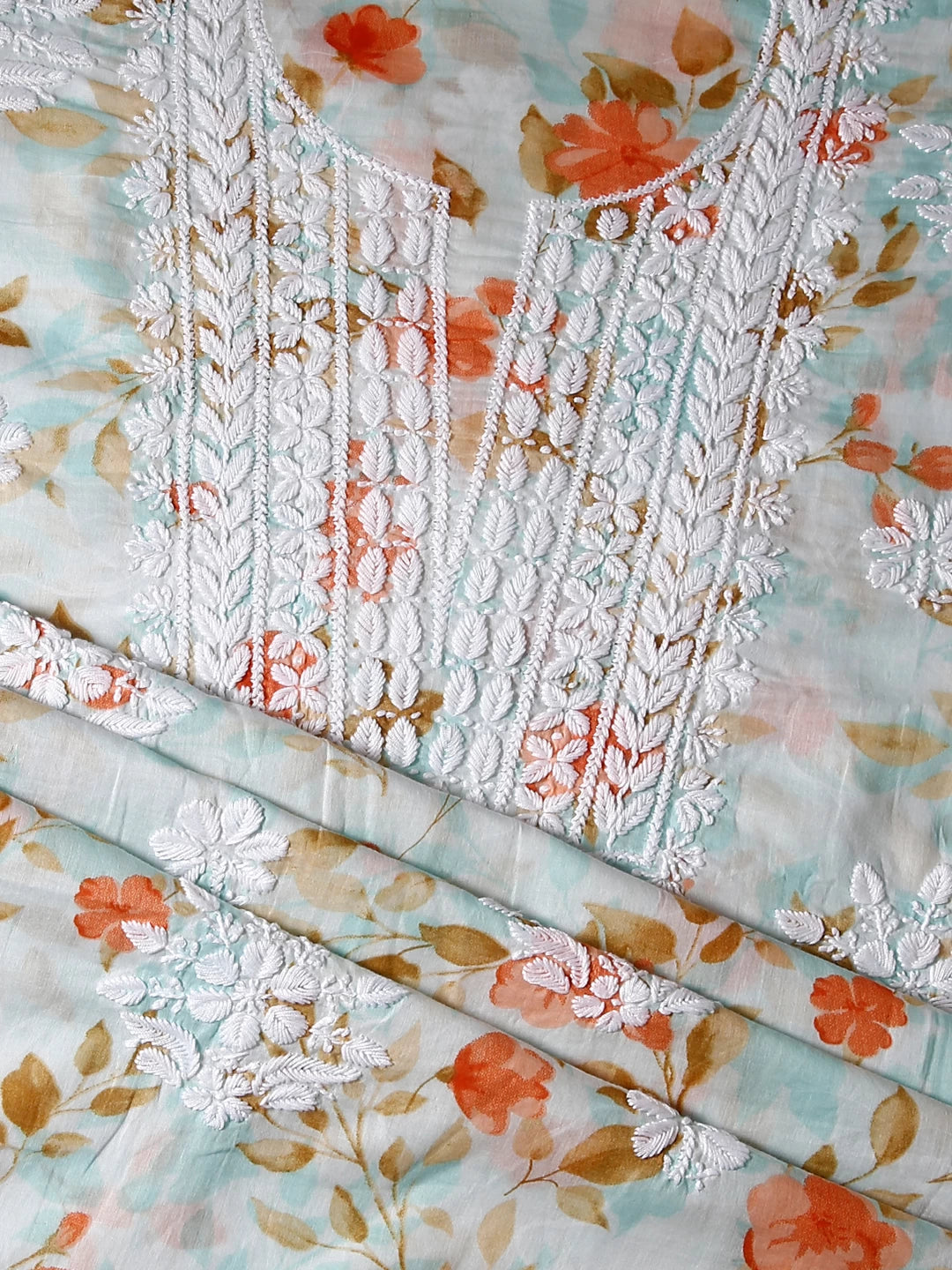 Ada Hand Embroidered Sea Green Floral Print Cotton Blend Lucknowi Chikankari Unstitched Kurta Dupatta Set 01A444637