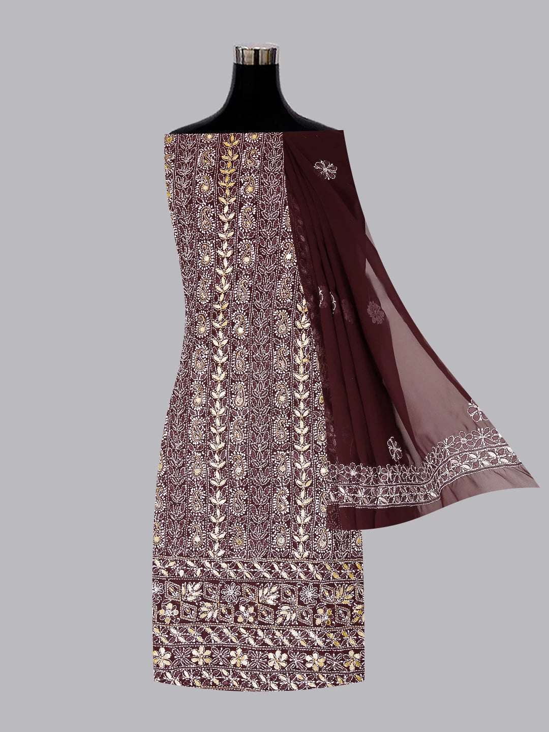 Ada Hand Embroidered Mulberry Brown Georgette Lucknowi Chikankari Unstitched Suit Piece With Gotapatti 01A358422