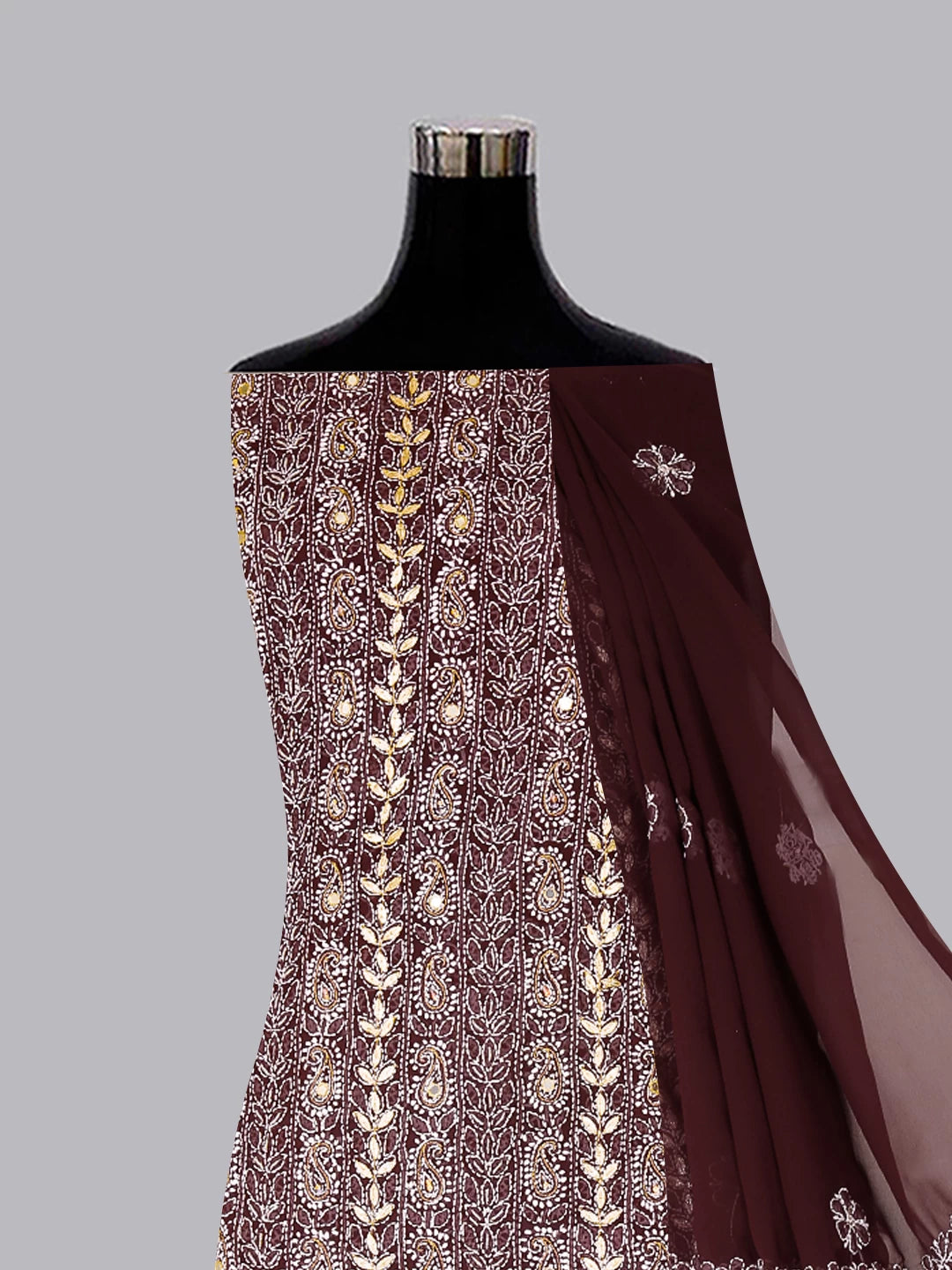 Ada Hand Embroidered Mulberry Brown Georgette Lucknowi Chikankari Unstitched Suit Piece With Gotapatti 01A358422