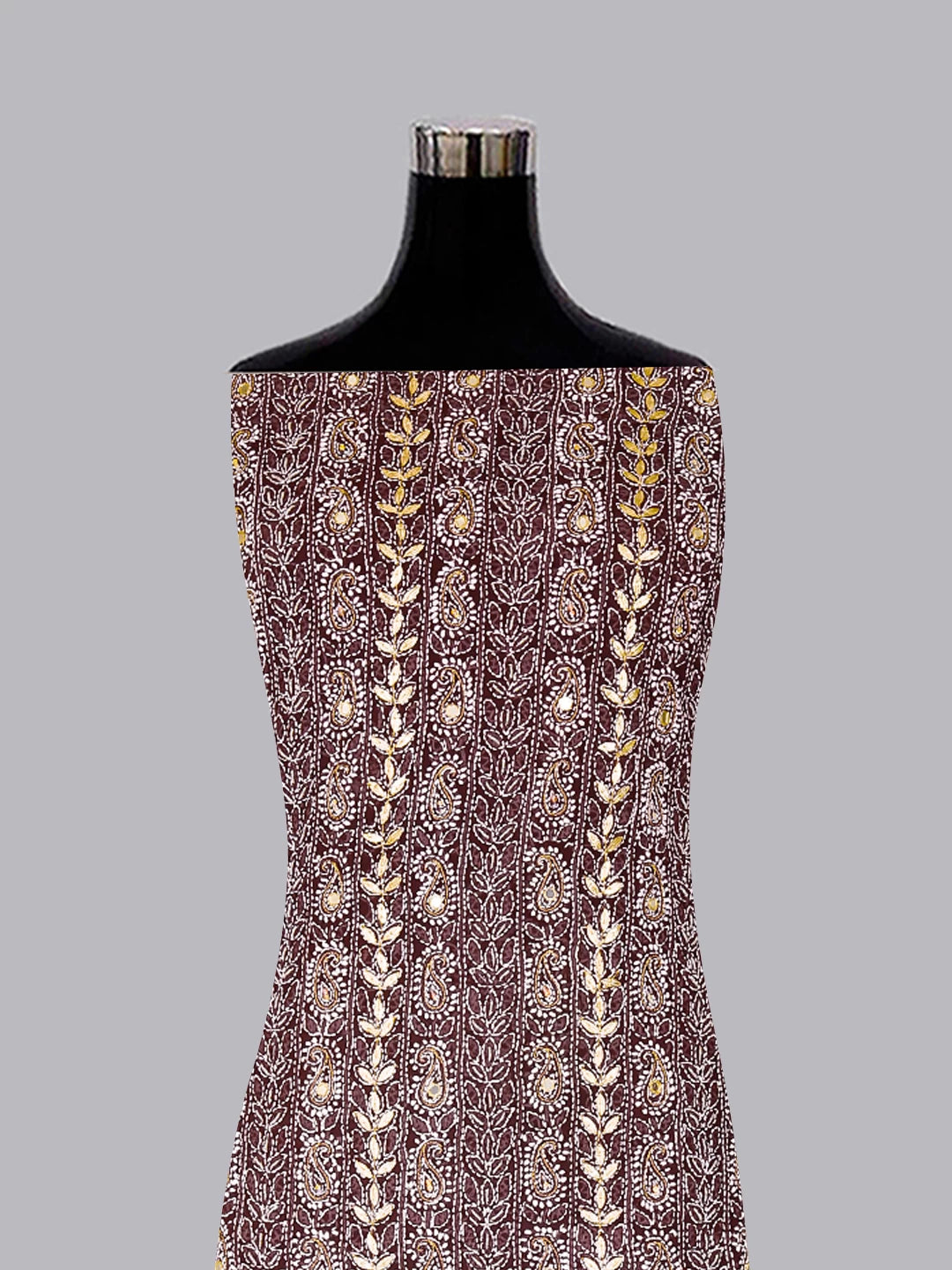 Ada Hand Embroidered Mulberry Brown Georgette Lucknowi Chikankari Unstitched Suit Piece With Gotapatti 01A358422