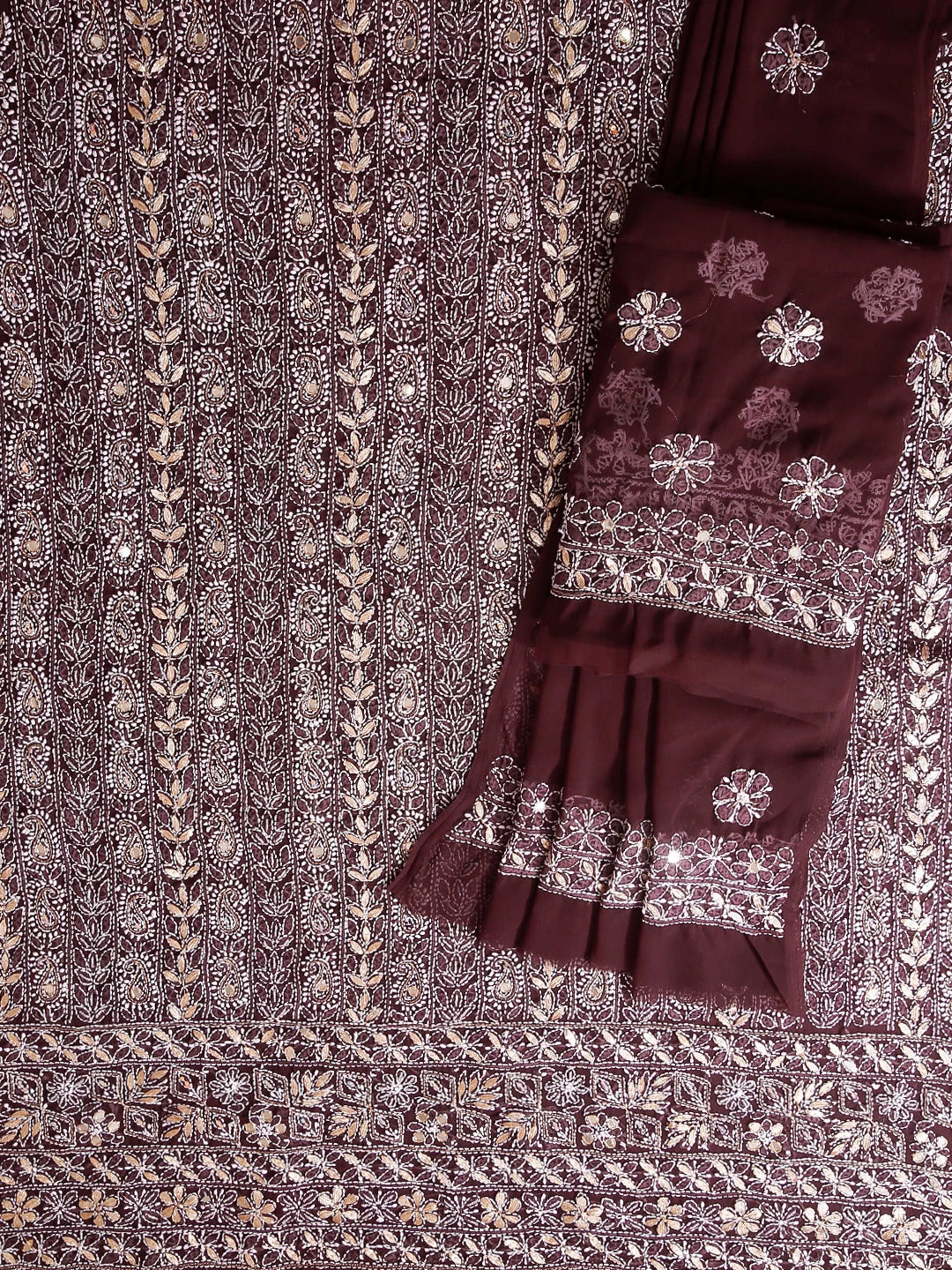 Ada Hand Embroidered Mulberry Brown Georgette Lucknowi Chikankari Unstitched Suit Piece With Gotapatti 01A358422