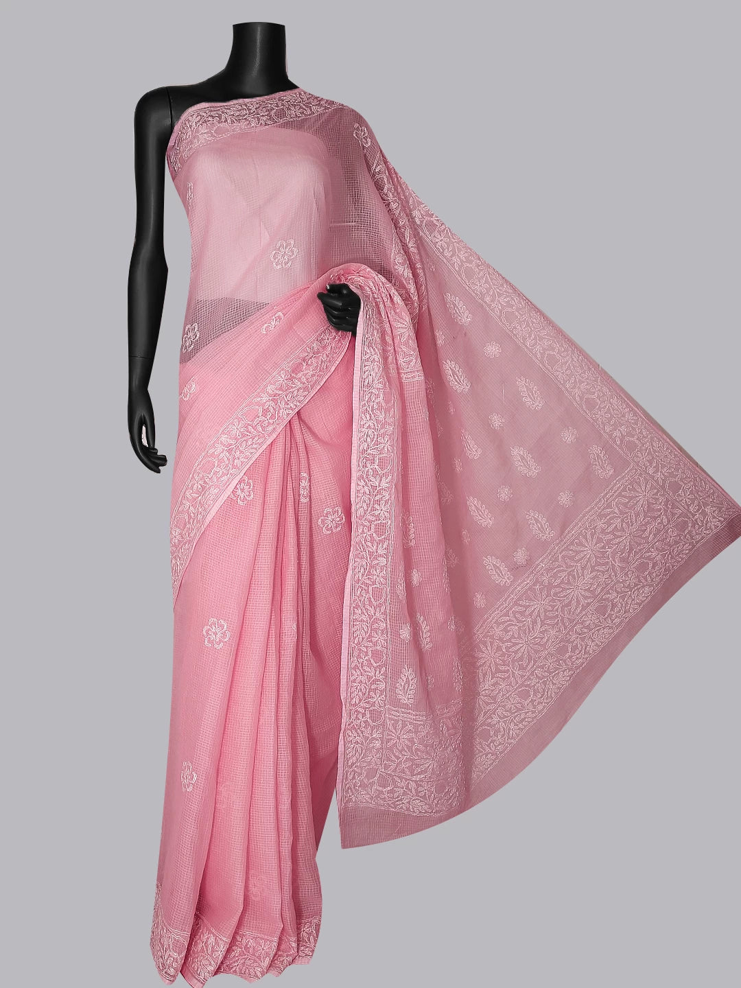 Ada Hand Embroidered Pink Kota Cotton Lucknowi Chikankari Saree With Blouse 01A452629