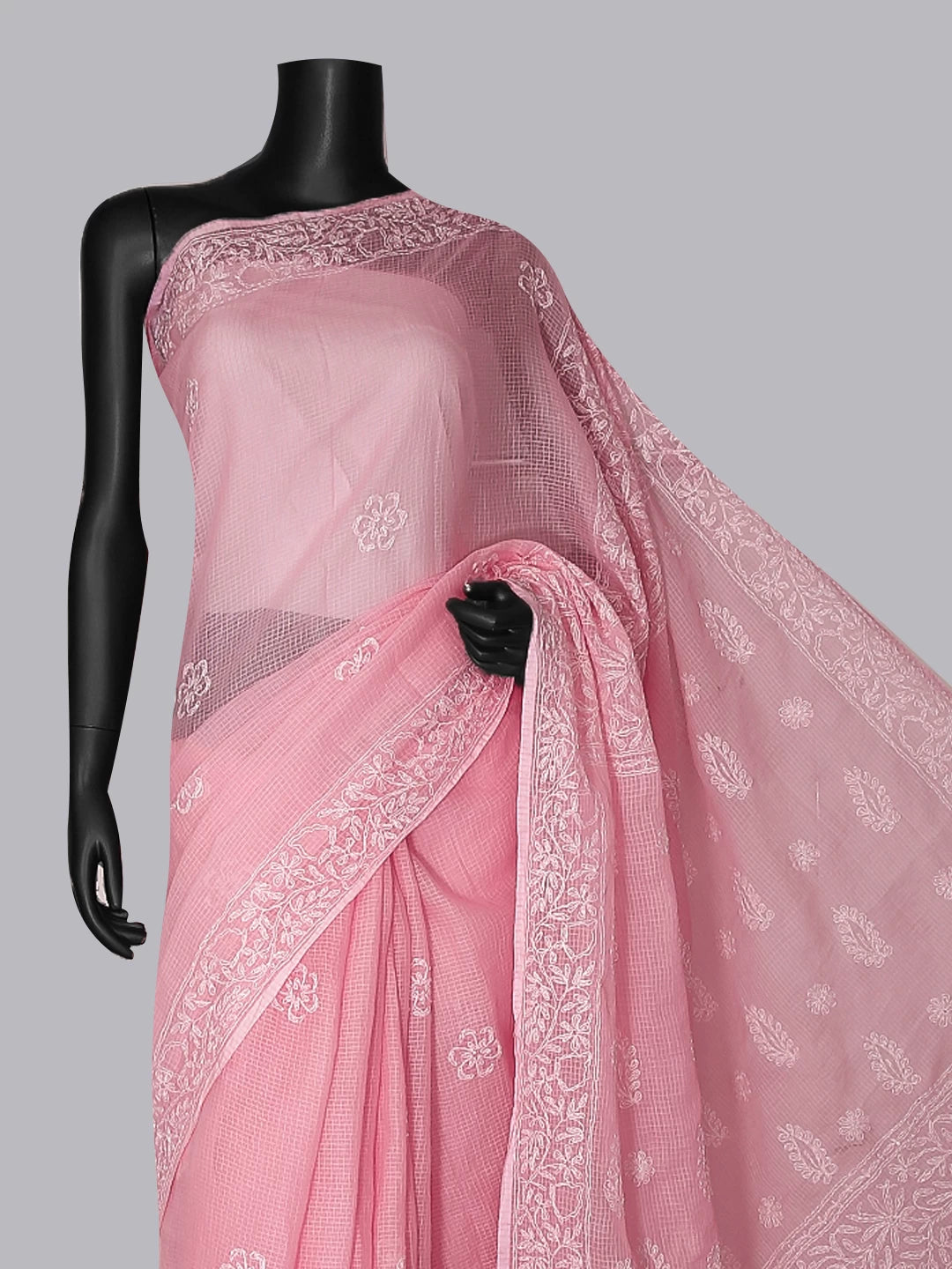 Ada Hand Embroidered Pink Kota Cotton Lucknowi Chikankari Saree With Blouse 01A452629
