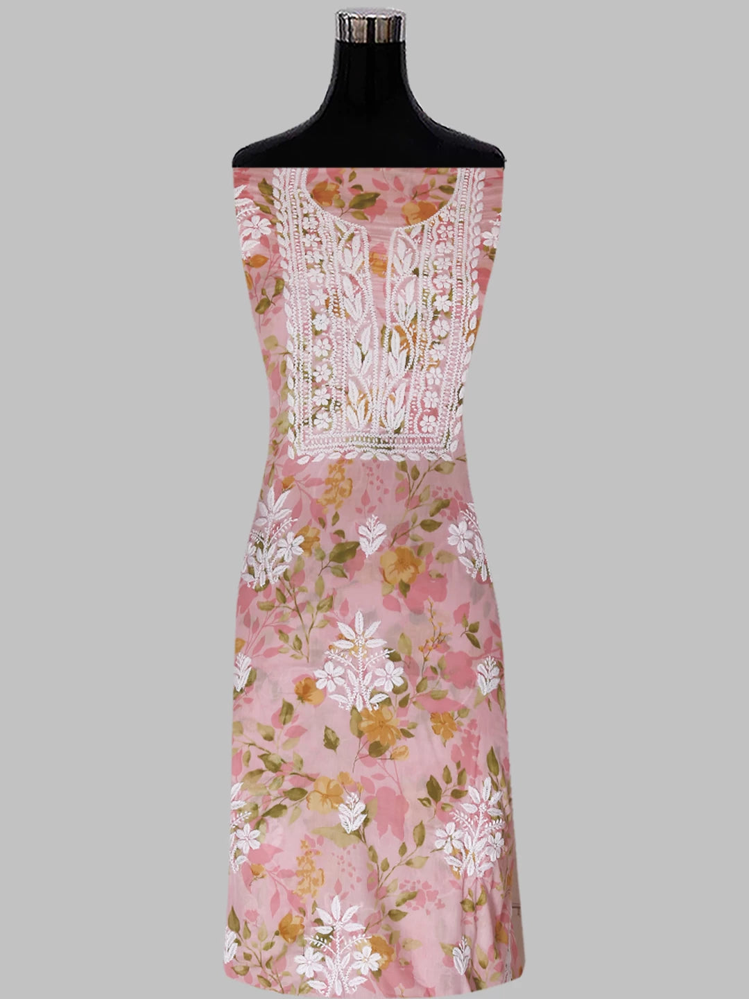 Ada Hand Embroidered Flamingo Pink Floral Print Cotton Blend Lucknowi Chikankari Unstitched Kurta Dupatta Set 01A444410