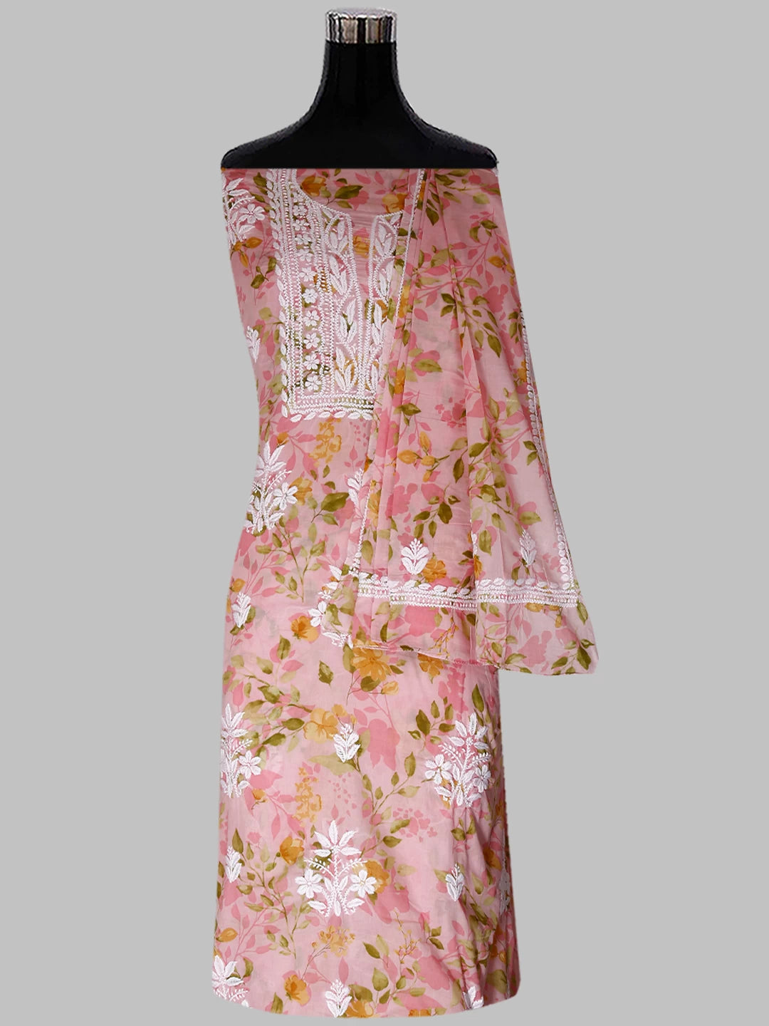 Ada Hand Embroidered Flamingo Pink Floral Print Cotton Blend Lucknowi Chikankari Unstitched Kurta Dupatta Set 01A444410