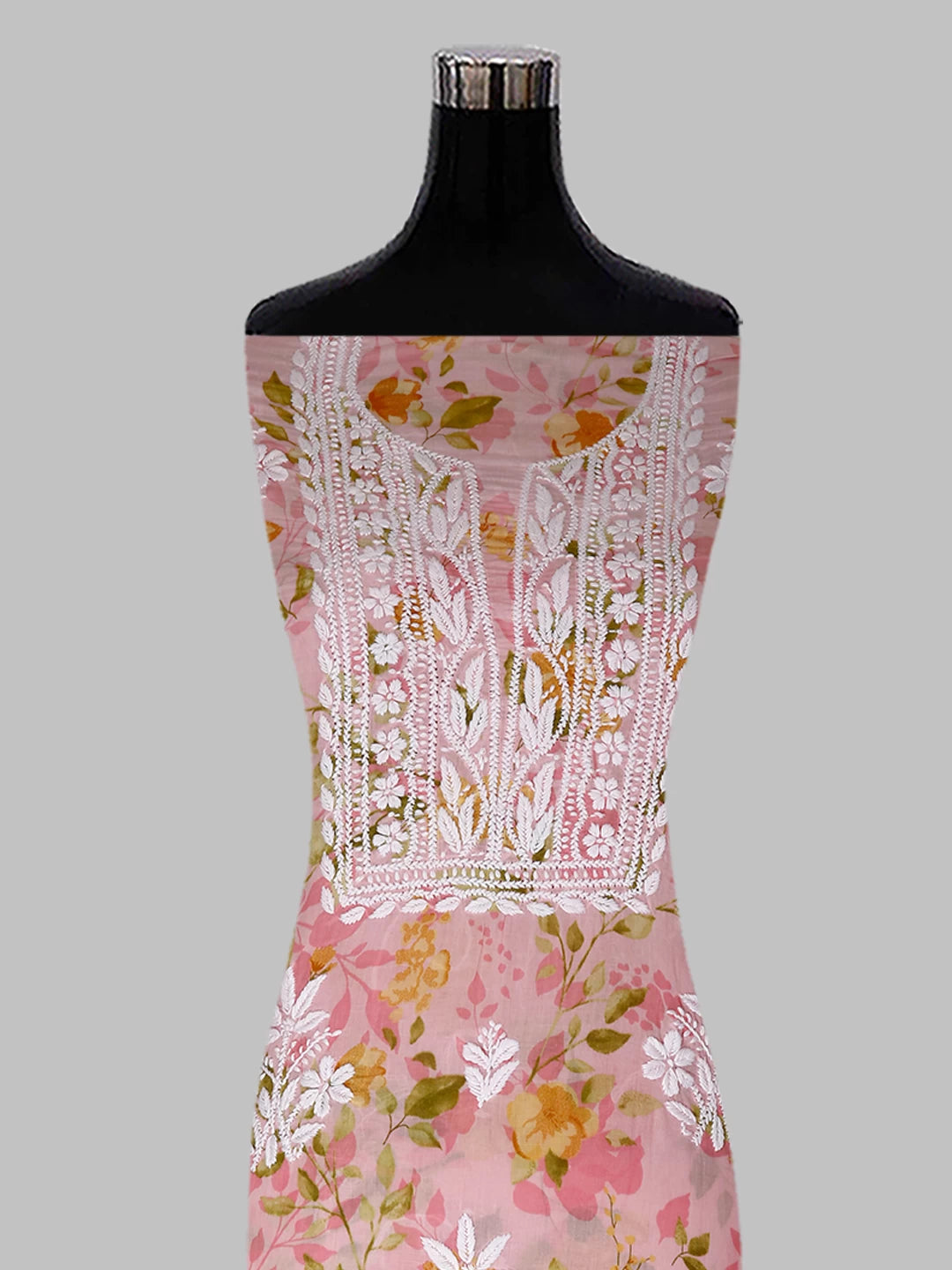 Ada Hand Embroidered Flamingo Pink Floral Print Cotton Blend Lucknowi Chikankari Unstitched Kurta Dupatta Set 01A444410