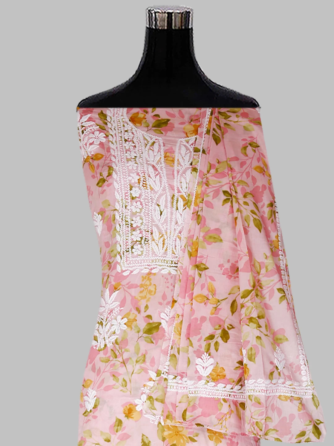 Ada Hand Embroidered Flamingo Pink Floral Print Cotton Blend Lucknowi Chikankari Unstitched Kurta Dupatta Set 01A444410
