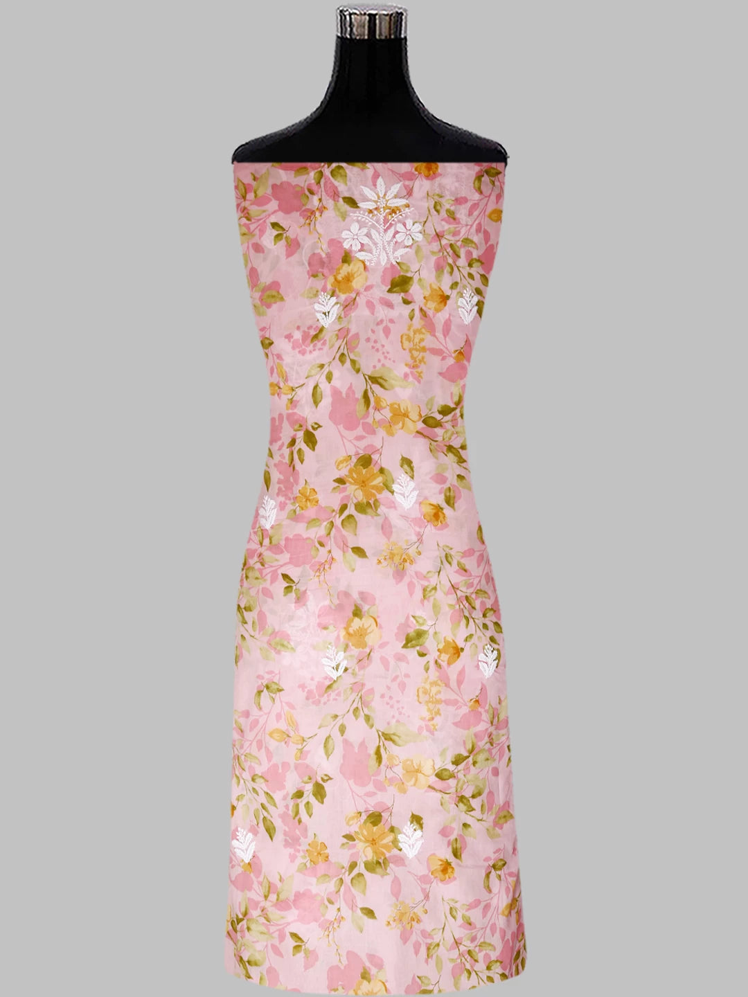 Ada Hand Embroidered Flamingo Pink Floral Print Cotton Blend Lucknowi Chikankari Unstitched Kurta Dupatta Set 01A444410