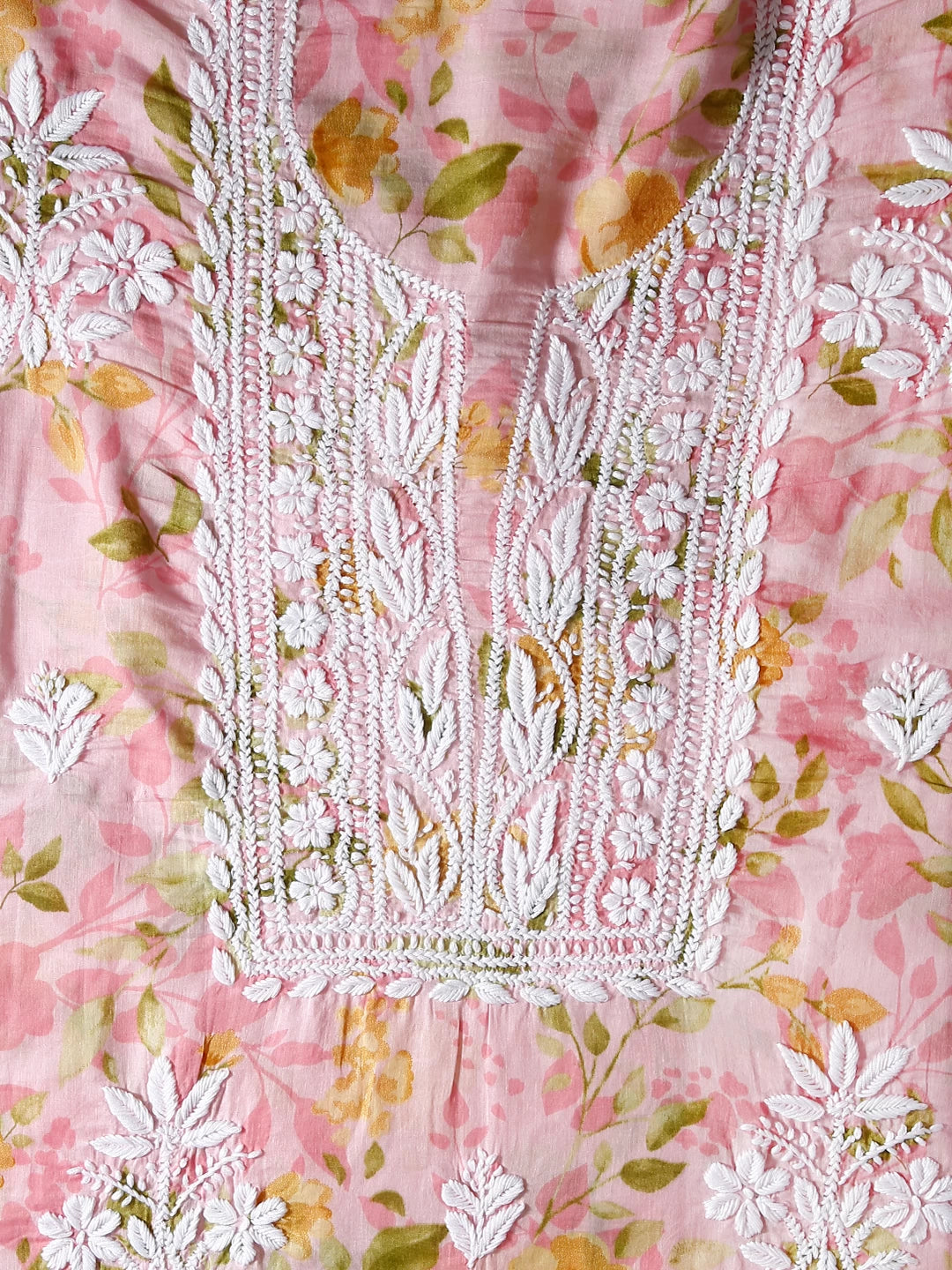 Ada Hand Embroidered Flamingo Pink Floral Print Cotton Blend Lucknowi Chikankari Unstitched Kurta Dupatta Set 01A444410