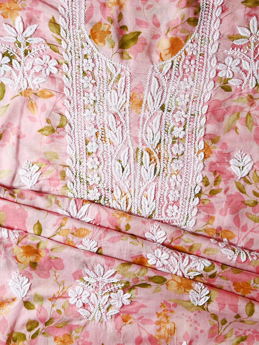 Ada Hand Embroidered Flamingo Pink Floral Print Cotton Blend Lucknowi Chikankari Unstitched Kurta Dupatta Set 01A444410