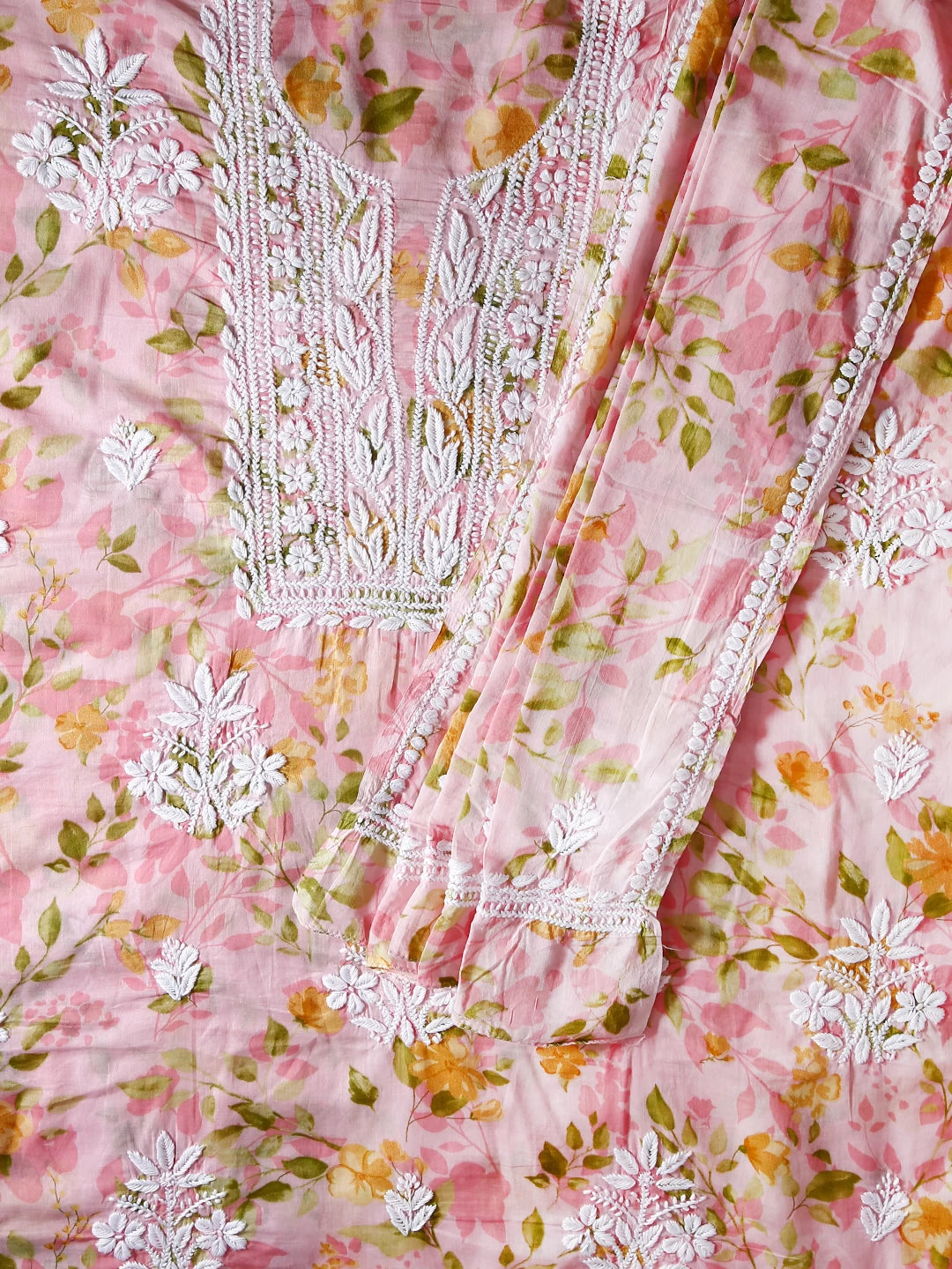 Ada Hand Embroidered Flamingo Pink Floral Print Cotton Blend Lucknowi Chikankari Unstitched Kurta Dupatta Set 01A444410
