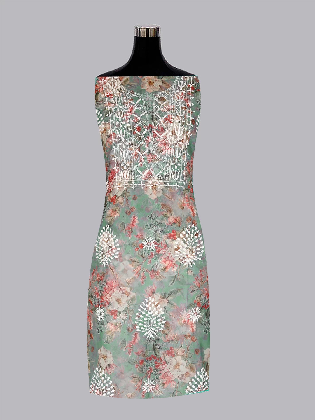 Ada Hand Embroidered Sage Green Floral Print Organza Lucknowi Chikankari Unstitched Kurta Dupatta Set 01A457403