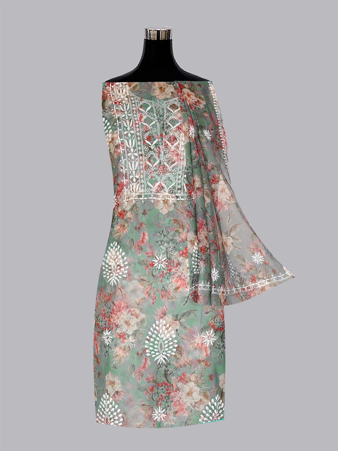 Ada Hand Embroidered Sage Green Floral Print Organza Lucknowi Chikankari Unstitched Kurta Dupatta Set 01A457403